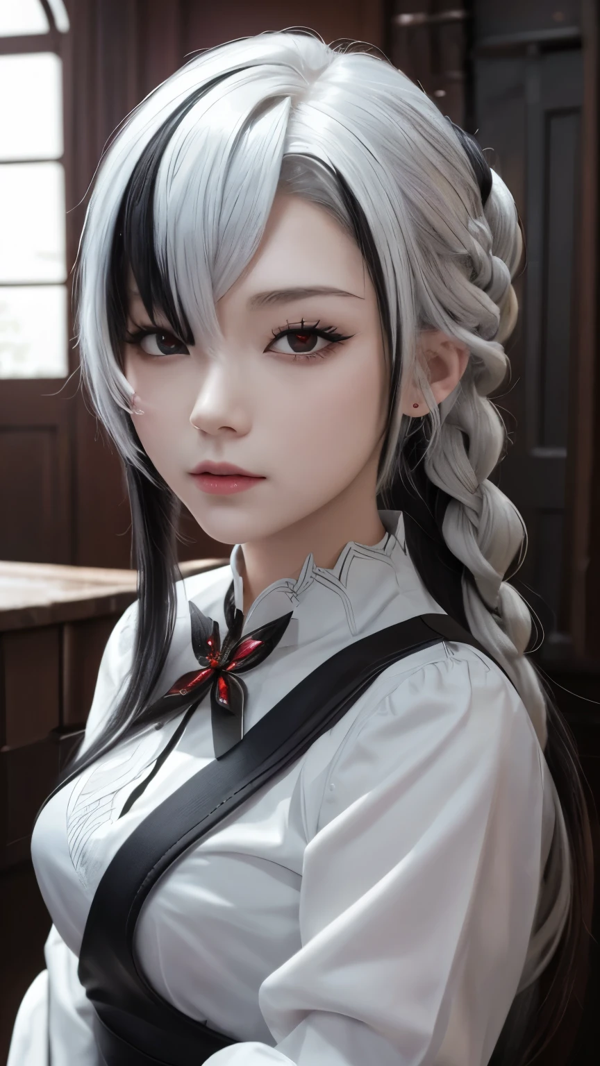 ((Best quality:1.4))、(An unrivalled masterpiece)、(Ultra HD)、(Hyper-realistic 8K CG)、(Half-length figure)、(Ultra-detailed)、(Maid)、(Illustration by Jean-Baptiste Monge)、高度详细的Maid衣服,Half apron,Stunning beauty,Beautiful hair in high detail,Highly detailed hairstyle,White hair,Black Hair,Colorful Hair,short hair,Straight Hair,Long braids(White),Glowing red eyes,Red X pupil(focus),Cold expression,Big breasts,Movie,hapiness,In the Old West House,Candle lighting,Use backlighting to add depth to your images,Anisotropic filtering,Depth of Field,Maximum clarity and clarity,8 really small,thickness:0.8,Perfect anatomical structure,Symmetrical balance,Beautiful gradient,锐利的focus,Golden Ratio,image in center,Beautiful composition