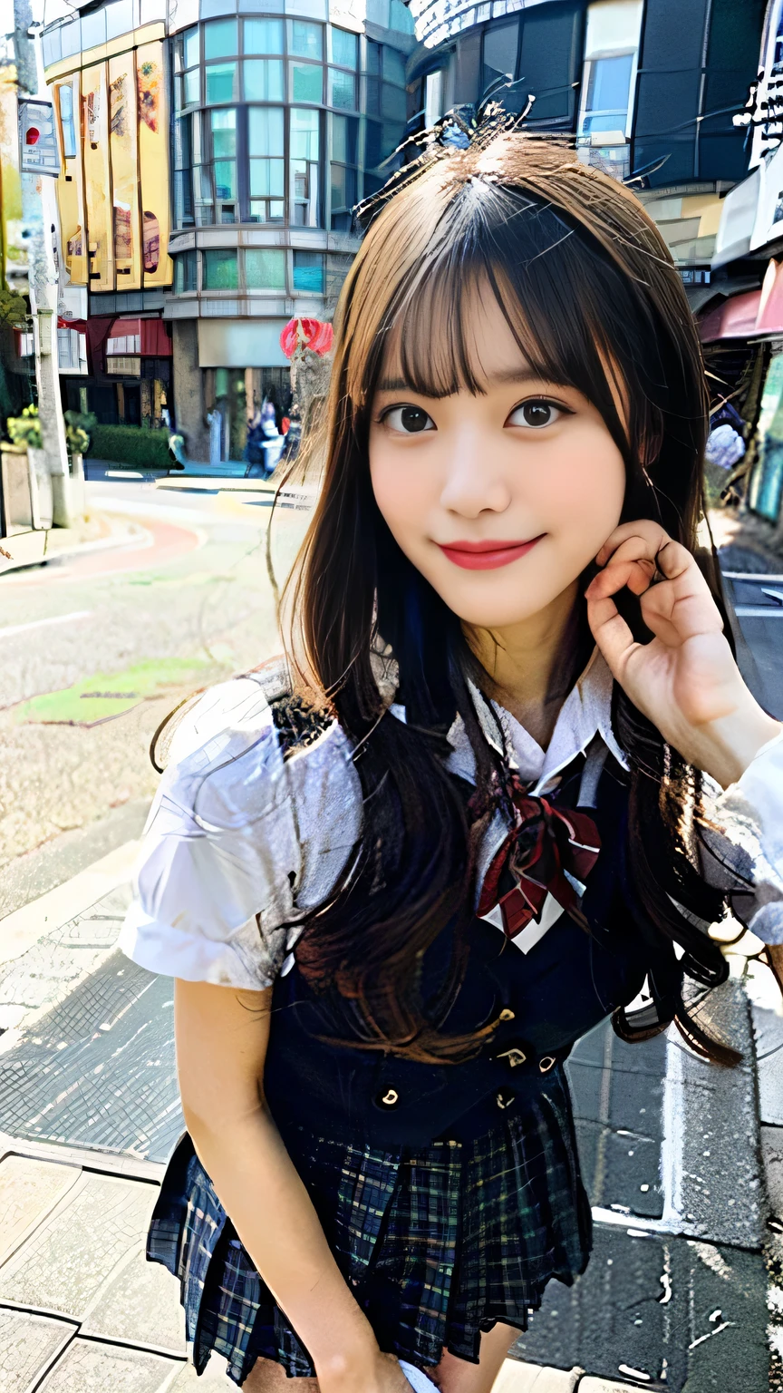 Ulzzang-6500-v1.1, (RAW Photos:1.2), (Realistic:1.4), Beautiful detailed girl, Very detailed eyes and face, Beautiful fine details, Beautiful legs、Ridiculous, Incredibly Ridiculous, Large file size, True Face、Super detailed, High resolution, Very detailed, highest quality, masterpiece, Kemomimi, ((Japanese Girls High School Uniform)), Face Light, Cinema Lighting, 1 girl, (smile), (Dynamic pose))), Full length portrait of a high school girl standing in a bright city street。。She has black loafers on her feet.