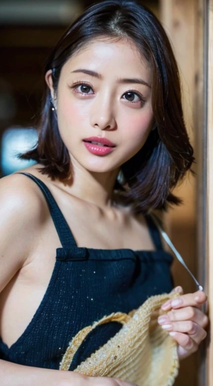 (((Off shot of Satomi Ishihara)))、(8K、RAW Photos、highest quality、Masseter muscle area:1.2)、Ultra-detailed、Super Resolution、(Realistic、Realistic photos:1.37)、Portrait、High-definition RAW color photos、Professional photography、hVery detailed and beautiful、Very detailed、8K Image Wallpaper、Incredibly detailed、Huge file sizes、Official Art、HVery detailed CG Unity 8K wallpapers、hVery detailed beautiful girl、Very detailed顔、Very detailed目、Very detailed肌、Very fine fingers、hVery detailed nose、Very detailed詳細な口、Perfect Anatomy、Detailed Background、Detailed clothing、1 girl、(20:1.2)、cute、(Satomi Ishihara)、Realistic body、、(White skin)、Glowing Skin、Glamour body、Black-haired、Short Bob、(Brantbang: 1.2)、cute顔、Realistic Face、Delicate eyes、Ordering sauces、((Full Body Shot))、((Wearing an apron in full nudity))、((Pull Shot))、(Wearing a necklace)、((Front shot))、Looking at the camera、Contrapo、Dynamic Lighting、((Giant tit:1.2))、Beautiful feet、Accentuate your cleavage、 (Full nude Satomi Ishihara)、(((Big, sparkling lips)))