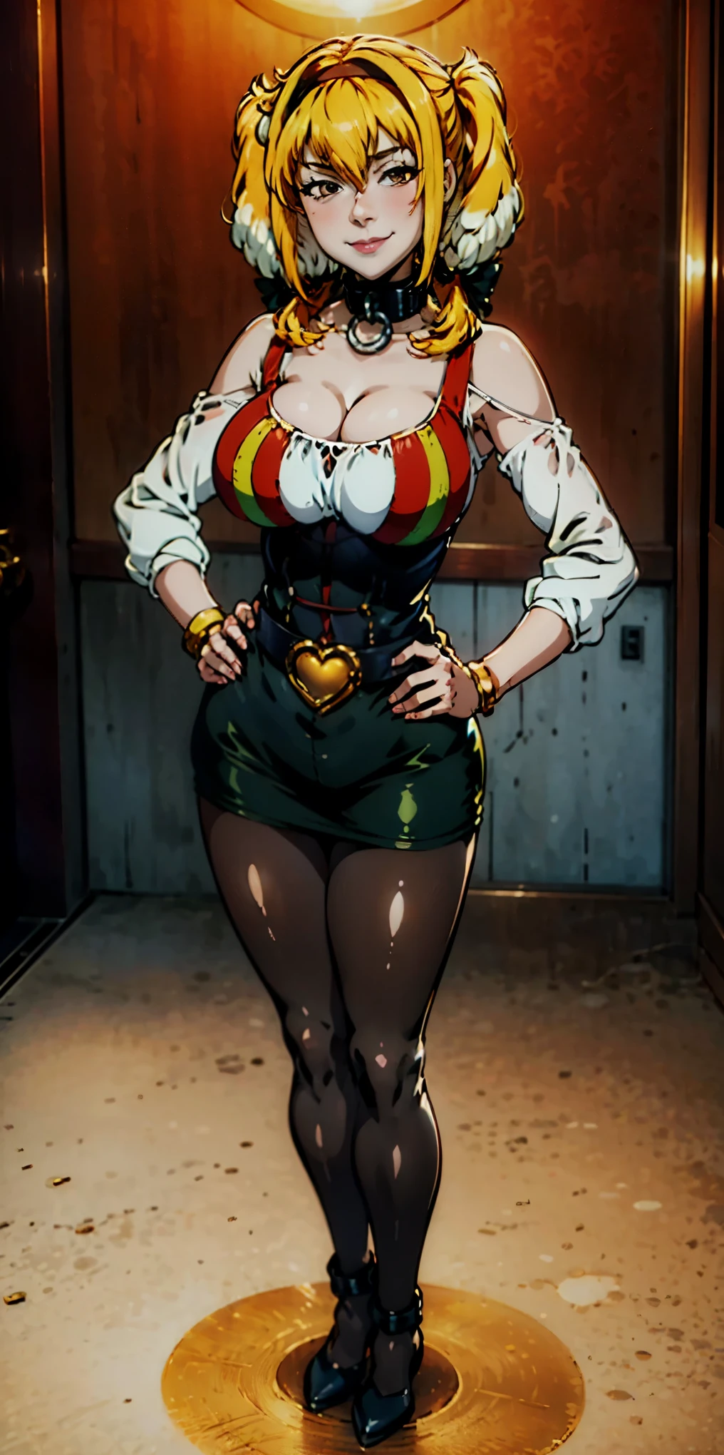 1solo Milf full body standing straight symmetrical, looking at viewer, hands on hips, twin drills twintails, striped pantyhose, golden handcuffs on their hands with a black leather collar around the golden heart necklace, hands on hips, lustful smirking smile face red blushed