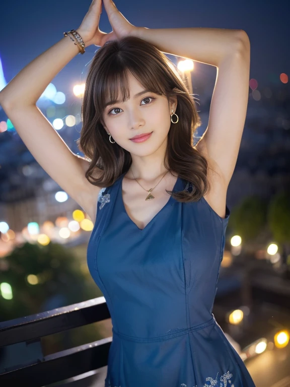 (realistic, photorealistic, best quality, 8k, RAW photo, masterpiece:1.2), insanely detailed, goddess of beauty, beautiful Japanese girl, 20 years old, (slender:1.2), incredibly detailed face, thin eyebrow, natural makeup, (cute), kawaii, (detailed skin), (wavy hair:1.2), (medium hair:1.3), (light brown hair:1.3), necklace, (earrings), (bracelet), (wearing party dress:1.3), (detailed fabric), (detailed eyes), (blue eyes:1.2), (small breasts), (smile:1.1), (teeth), (looking at viewer:1.1), (arms up:1.6), (raise her hands above with her palms together:1.6), (yoga:1.4) BREAK  (overlooing Eiffel Tower illuminated:1.1), (night:1.2), moonlight, bkeh, depth of field, dimly lightning, (darkness:1.4),
