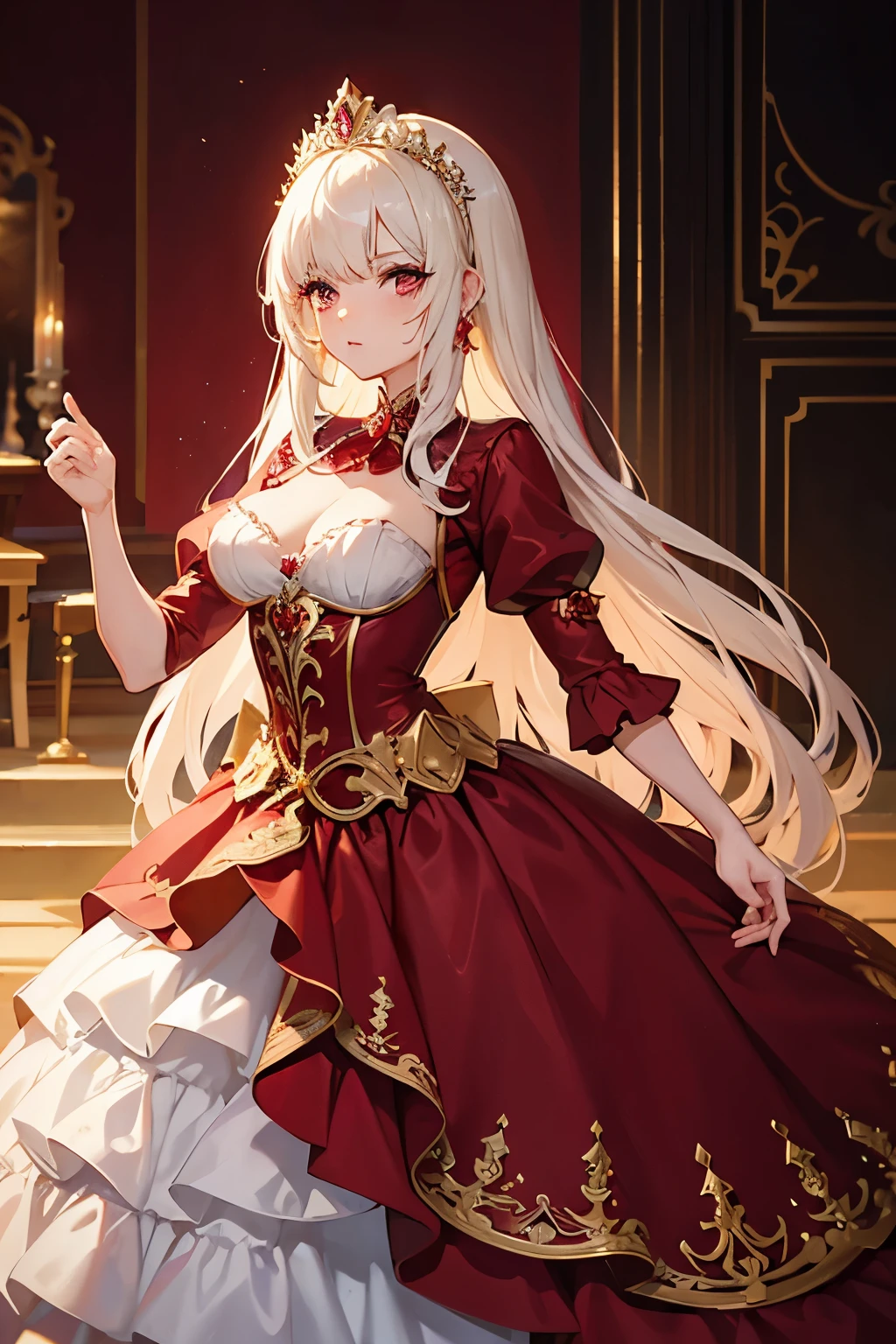 princesa con cabello blanco y ojos violacios con mucho cabello ondulado, crimson dress with gold metal details, that also has rhinestones and that looks 20 years old that is standing in a ballroom dance 