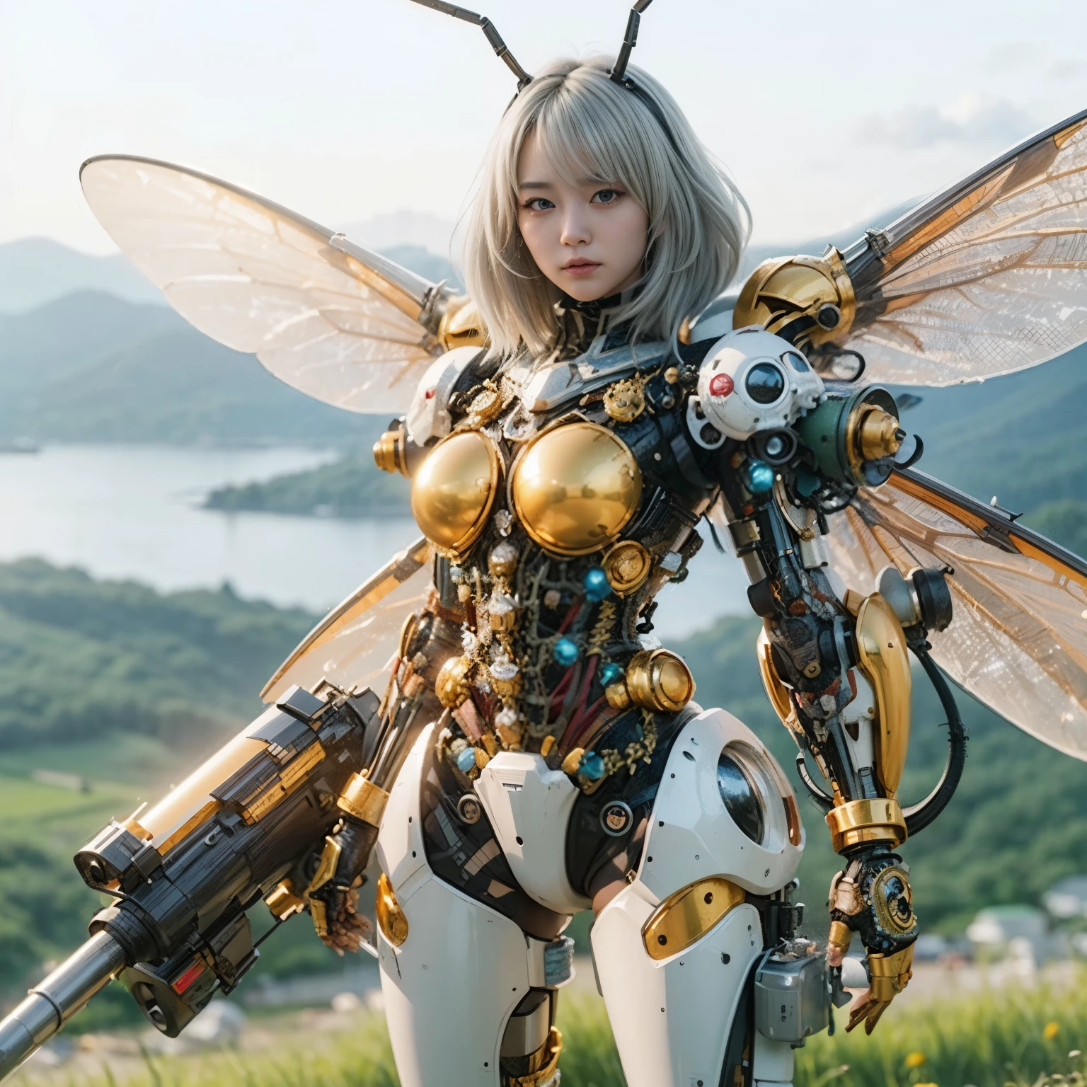 (masterpiece, best quality:1.2), (8k uhd, 16k, 32k, ultra high res), (photorealistic:1.37), (RAW photo), ultimate-realistic, ultimate-realistic details, ultimate-realistic texture, ultimate-intricate details, ultimate-realistic lighting, ultimate-realistic shadow, japanese girl, ultimate-cute face, ultimate-RAW skin, ultimate-realistic eyes, white hair, Japanese woman in insect powered suit, cannon mounted on shoulder, very cute face, mechanical, extremely intricate details, full body shot, ultimate photorealistic, big city locked down