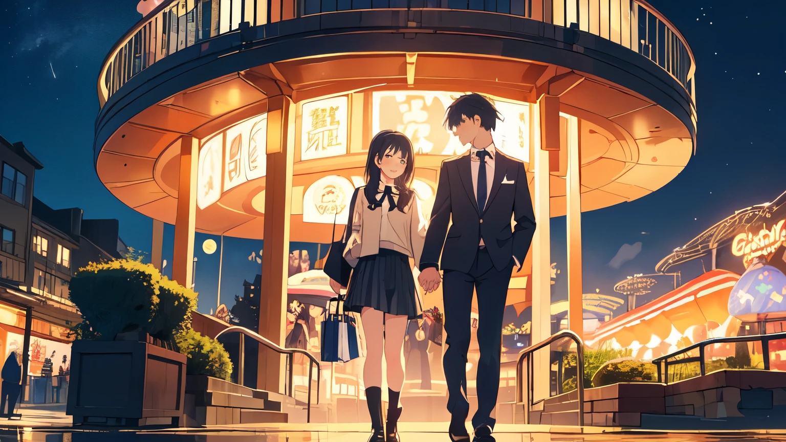 (masterpiece: 1.2, highest quality),、Male and female couple、Holding hands、Date at the amusement park、The man is expressionless、Woman smiles、The girl is wearing a high blazer、Skirt 10cm above the knee、The man is wearing black plain clothes、The color of the shoes is black、whole body、Detailed facial expressions、Anime Style、comics, Bright starry sky、 Romantic、 Pure、男性は16 years oldmal clothes and carrying shopping bags、女性は16 years old、Mini Pleated Skirt、I wearing long boots on my feet.、The location is in the city at night