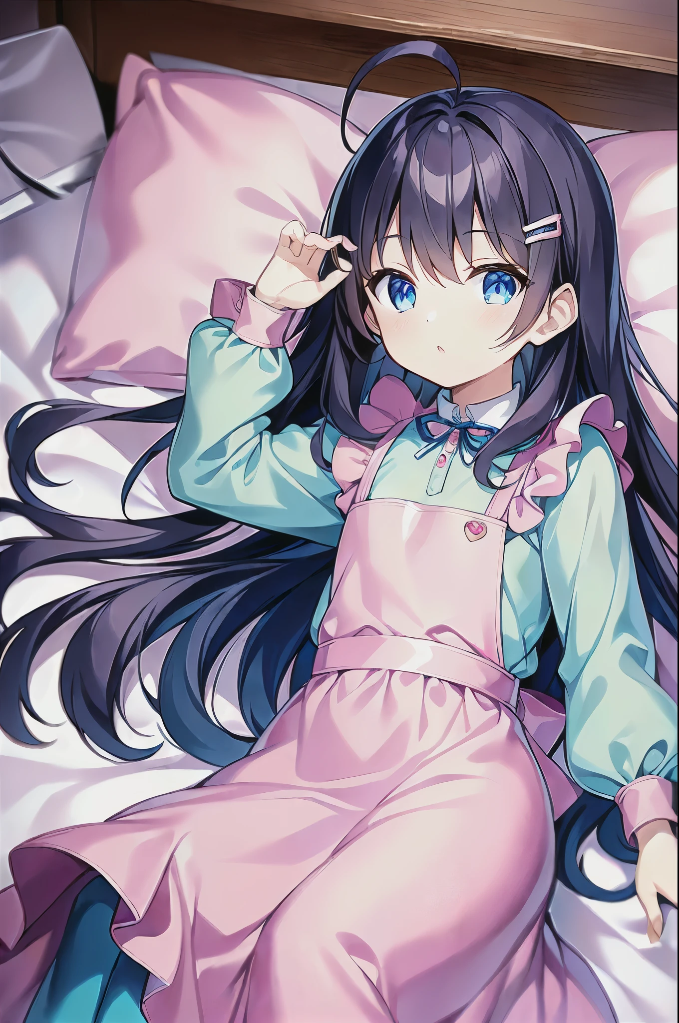 (((masterpiece))) (((highest quality))), (((beautiful))), (((8k))), (((High resolution))), (((Great illustrations))), (1 girl:1.3), (child:1.5), (in addition:1.2), (Dark blue straight long hair:1.3), (very long, Dark blue sideburns), (Very wide parted dark blue bangs:1.3), (Simple hair clip:1.4), (Ahoge:1.4), (Small blue eyes:1.2), (Slightly droopy eyes:1.3), (Ultra-flat chest:1.4), (Very small breasts:1.4), (Laughter:1.3),  (Cowboy Shot:1.3), (Pink Candy Room:1.5), (There are lots of sweets around:1.6), (Lying on a white bed:1.4), (Pink Apron:1.5), (Long sleeve), (Long maxi skirt:1.4), (ribbon, Frills), 