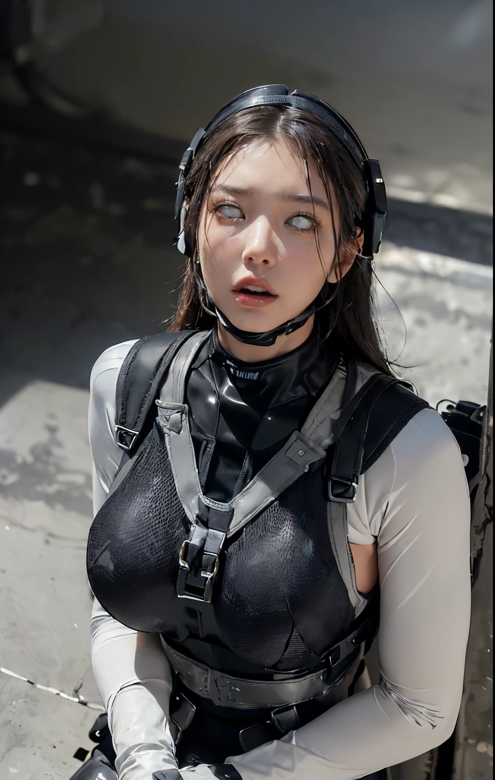 (Best image quality, Great details, Ultra-high resolution, (realism: 1.4), ((Cowboy Shot:0.75)), Best illustrations, Favorite Details, High concentration per woman, Beautiful and delicate face, Perfect Proportions,((From above)), (((look up,Staring at the ceiling,Open your mouth wide))),((((White eyes)))),(Slightly thicker:0.3, Large Breasts), (((Wearing a rash guard and preferring a police uniform, gloves, Black and grey mech, Military Harness, Has a machine gun, Equipped with a high-tech launcher, Special Forces Helmet, Standing still))), captain, The background is a simple gray wall.