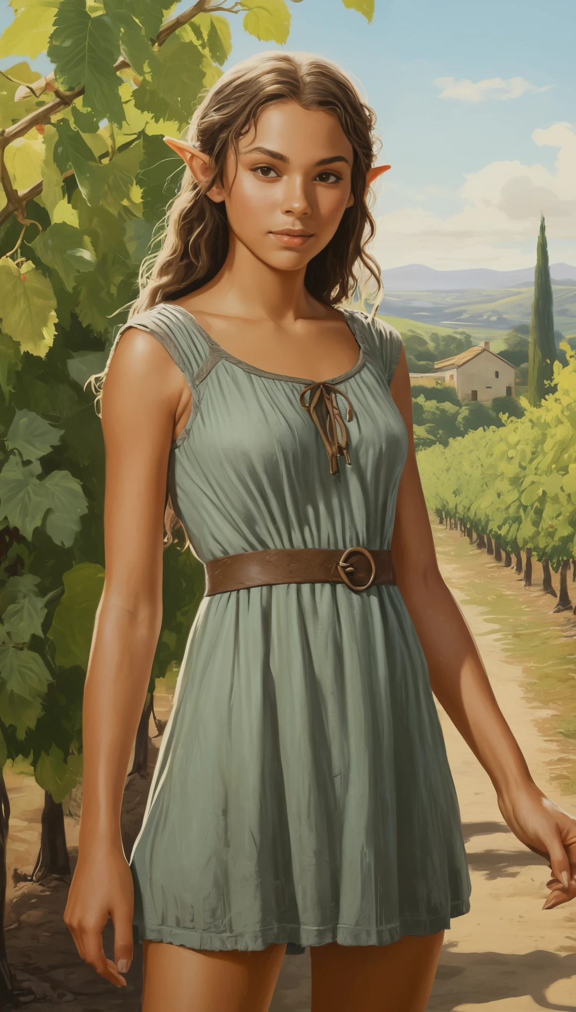 An illustrated movie poster, hand-drawn, full color, a teenage elven girl, wearing a cotton dress, light brown skin, sun-tanned olive complexion, Amazonian body, very tall, athletic, hourglass figure, curvy, generous hips, long legs, ridiculously thick powerful thighs, hazel eyes, long pointy elf ears, ash brown hair, short shaggy bob, posing in a sunny vineyard, wet glistening skin, hard shadows, graphite shading, stencil marks, airbrushed acrylic paint, masterpiece, in the style of Lord of the Rings