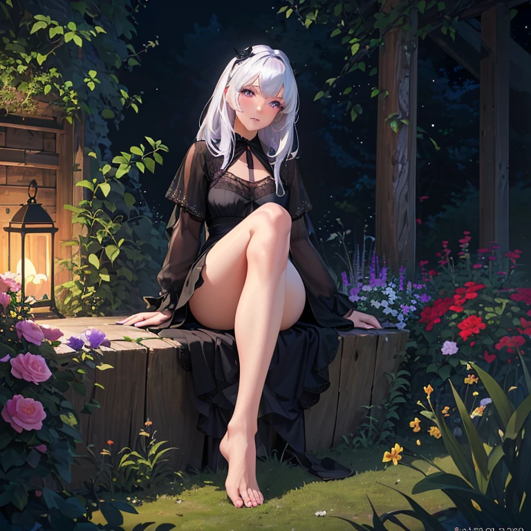 (best quality,4k,8k,highres,masterpiece:1.2),ultra-detailed,(realistic,photorealistic,photo-realistic:1.37),illustration,soft lighting,a girl with white hair,deep purple eyes,glowing eyes,sitting down,barefoot,face blushing,in a garden at night,flowers.Black Silk，Black high heels