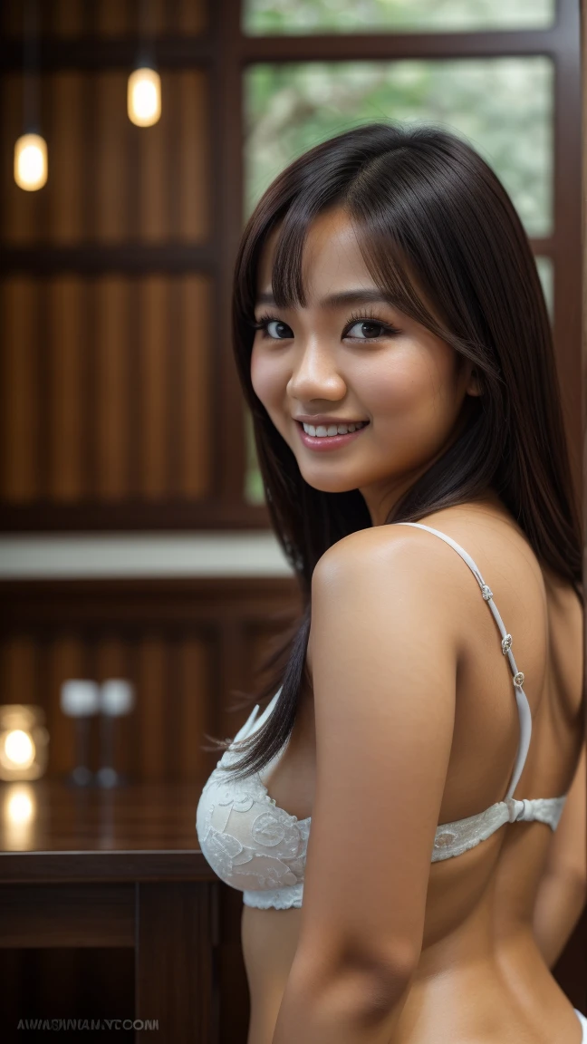 Picture taken with Sony A7RIV, realistic, 8K, Hi-Res picture, masterpiece, perfect from behind, shoot, detailed complicated background, (close up:1.5) Gorgeous twenty years old Indonesian girl, dark hair, busty, hazel eyes, fair, smile, indoor.