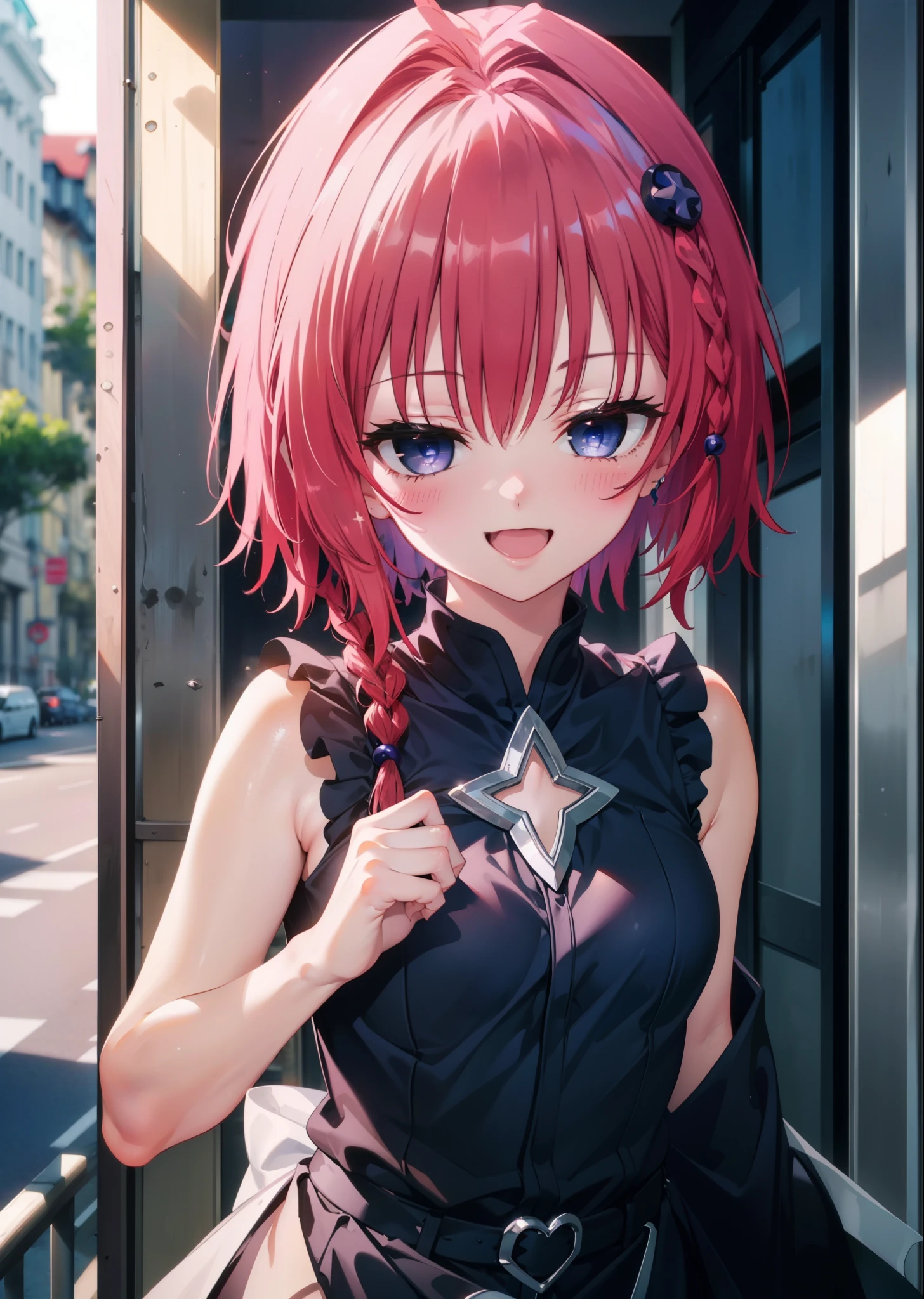 (masterpiece, highest quality:1.2),shape,8k,High resolution,kurosaki mea,Cowboy Shot,As if your whole body is in the illustration,1 girl,happy smile, smile, Open your mouth,Red hair,Long braids,Upper Body,(Portraiture:1.2),hair ornaments,smile,Purple eyes,Medium Chest,White Hair Band,Sleeveless dress,Long skirt,Cute Sandals,happy smile, smile, Open your mouth,smile,blush, Building district (Cowboy Shot:1. 5),(masterpiece:1.2), highest quality, High resolution, unity 8k wallpaper, (shape:0.8), (Beautiful and detailed:1.6), Highly detailed face, Perfect lighting, Extremely detailed CG, (Perfect hands, Perfect Anatomy),