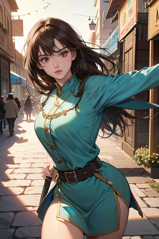 (absurdres, highres, ultra detailed),masterpiece,best quality,high resolution,8k,Realistic face,Realistic skin texture,magnified textures, stunning clarity,ultra detailed anime girl,(medieval central asia:1.3),action pose,dark brown hair,gape,have sword,look at viewer,cowboy shot,silkroad,oasis,(central asia market:1.2),serene pose