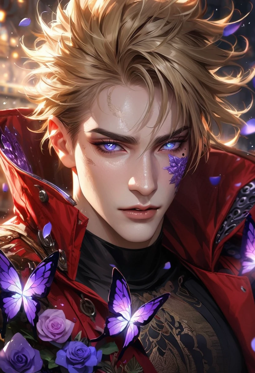 Ultra detailed, HDR, Highres, absurdres, master piece, Vash Stampede, expressive blue eyes, blond hair, Trigun, red coat with patterns, black tight shirt, purple glittering butterflies, purple ice, petals, purple ice roses, sexy man, solo, extremely detailed face and eyes, extremely handsome, glittering, glittering eyes, realistic face, mole under his eye,