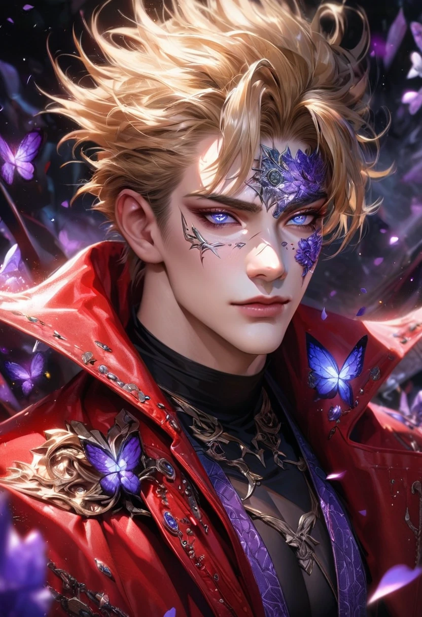 Ultra detailed, HDR, Highres, absurdres, master piece, Vash Stampede, expressive blue eyes, blond hair, Trigun, red coat with patterns, black tight shirt, purple glittering erflies, purple ice, petals, purple ice roses, sexyn, solo, extremely detailed face and eyes, extremely handsome, glittering, glittering eyes, realistic face, mole under his eye,