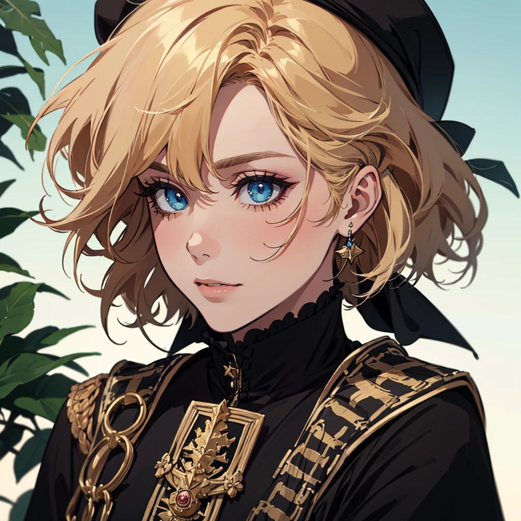 (absurdres, highres, ultra detailed), (cinematic), (UHD), solo, 1man, mature, happy, upper body, blonde short hair, fantasy, spring, garden, closed mouth, (cinematic, best quality, UHD), ((official art)), ((pop art))profile, simple hut, detailed face, (extremely detailed eyes), solo level, ((nobility)), (((prince black attire))), emperor, duke, (((((solo)))))