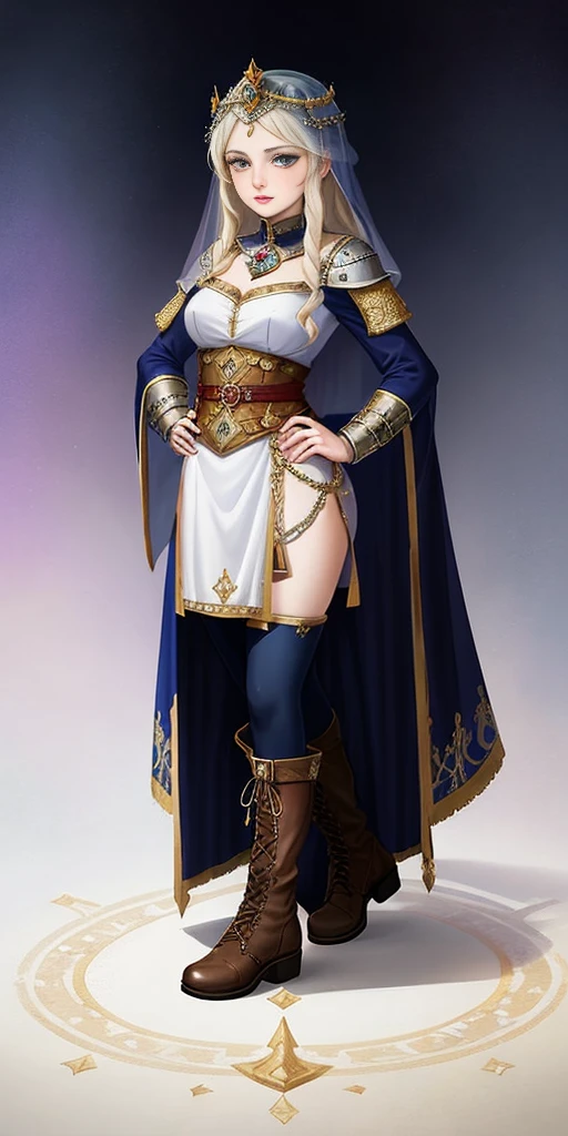 full body of a woman in a dress with a veil, feet together, standing feet together, military boots, beautiful fantasy maiden slave warrior, beautiful fantasy art portrait, fantasy victorian art, medieval fantasy art, beautiful and elegant queen, portrait of queen of light, fantasy portrait art, gothic fantasy art, a beautiful fantasy empress ((white background)) hands on hip