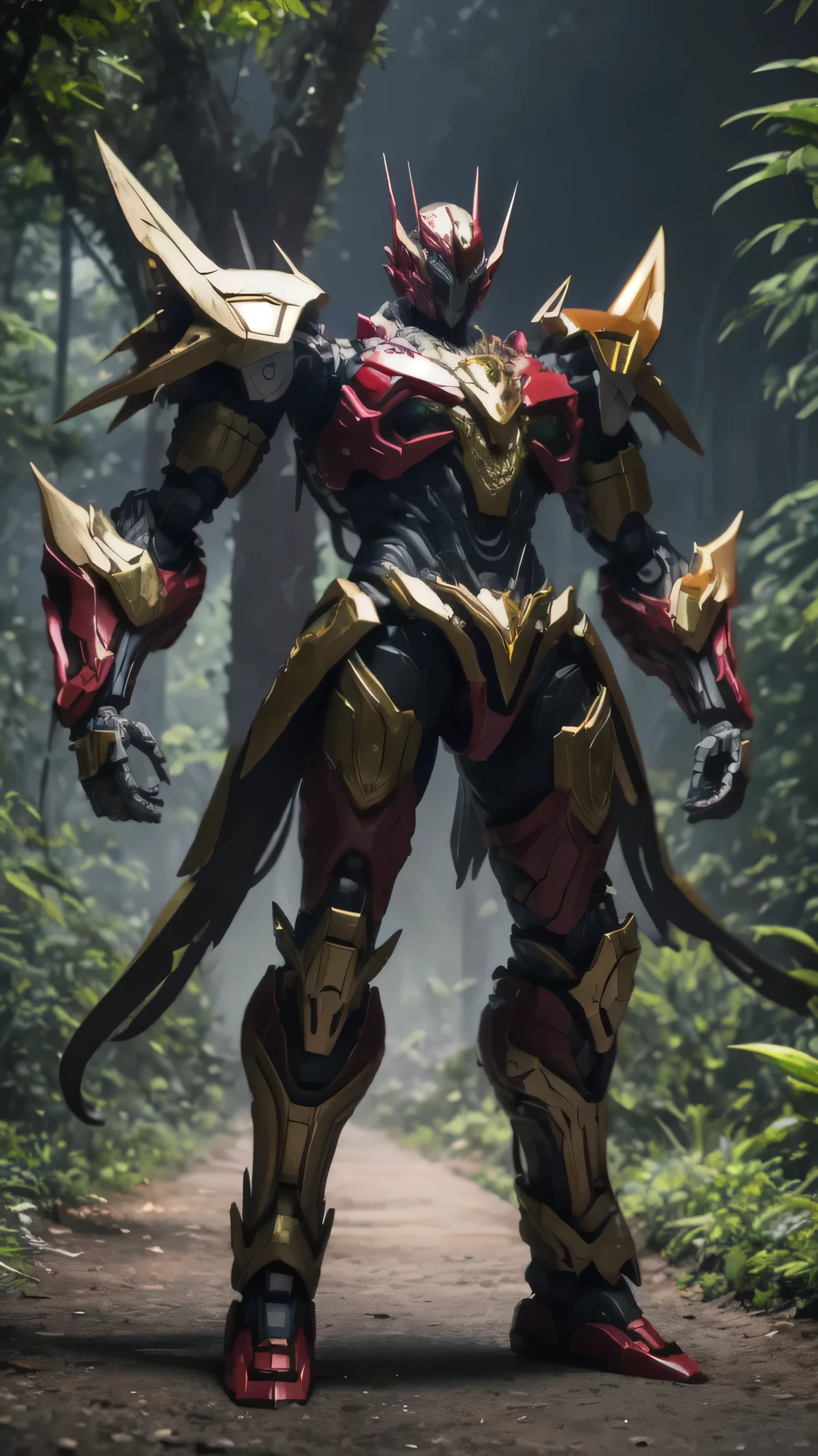 Primate Mech, Full Size Body, Red and Gold, Surrounded by Deep Jungle, Giant Design, Primate, Kamen Rider, Giant Mecha, Primate Build