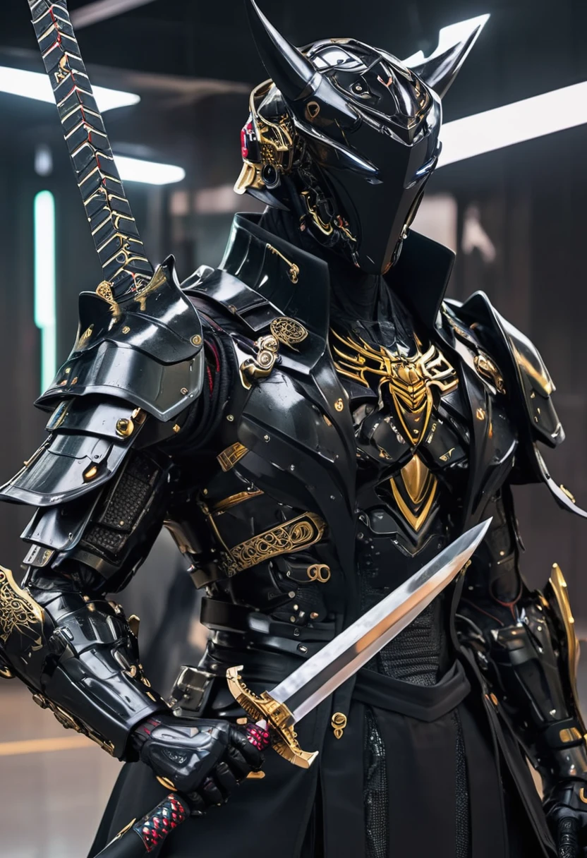 araffe dressed in a black suit holding a sword and a sword, cyborg samurai, cyber japan samurai armor, cyberpunk samurai, very beautiful cyberpunk samurai, full samurai armor spiderman, bio - mechanical ninja samurai, portrait of a cyberpunk samurai, cyber japan style armor, cyber japan armor, celtic and cyberpunk armor, black bull samurai, intricate assasin mecha armor