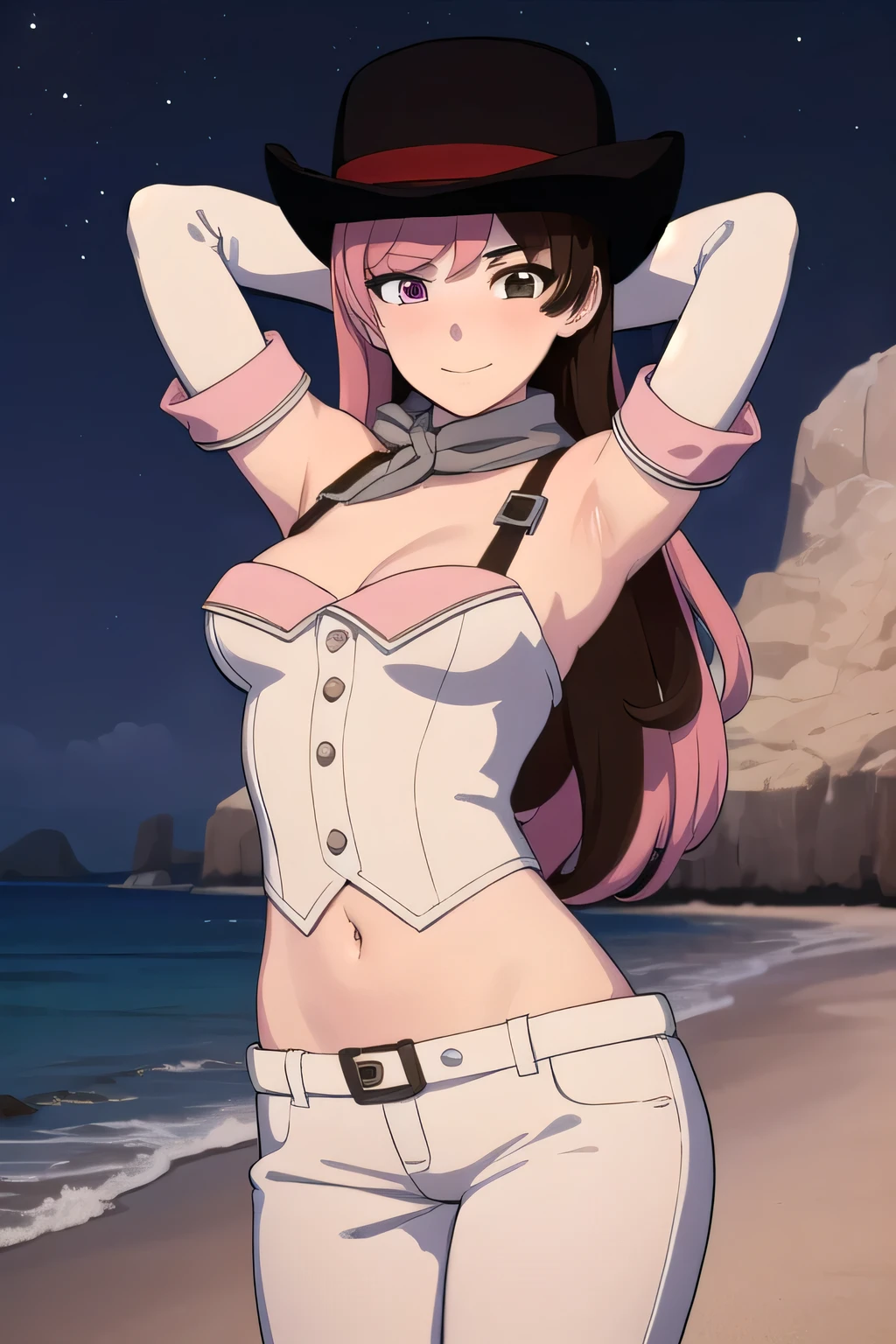 (kinako_(shiratama mochi) style), grass_wonder_\umamusume\), nsfw, masterpiece, topless, sunglasses, retro style, miami, 80s, palm tree, low cut denim shorts, slim waist, belt, wiping sweat, head tilted sideway, solo, city pop, 1 girl, horse ears, horse tail, bare stomach, sweaty, cowboy shot, nipples, large nipples, erect nipples, navel, puffy nipples, cowboy hat, graphic design, outdoors, miami beach, slim waist, brown hair, pink sky, aesthetic, long hair, detailed eyes, beautiful eyes, wet, aqua eyes, necklace, gold bracelet, gold cutouts, jewelries, smiling, small breasts, flat colors