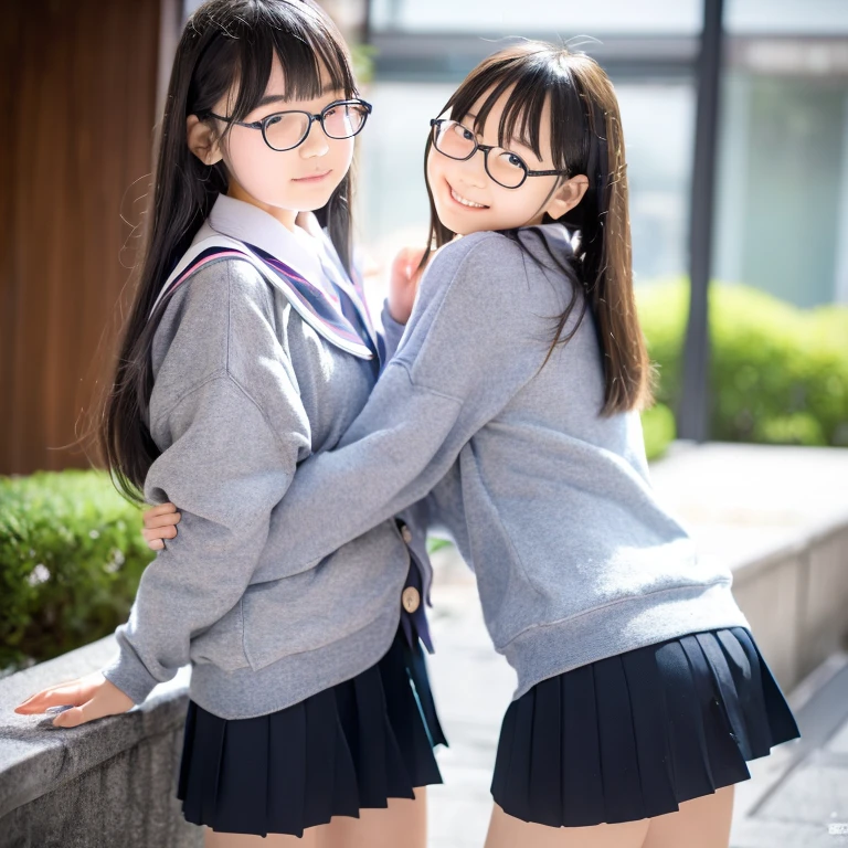 Panties visible from under the skirt, (Japan Female Students:), Big Plans, photograph, Slender, (looking down),(************),(Glasses),(Long Hairー),（Bangs）, (((pussy line))), Young Face, RAWphotograph, highest quality, High resolution, (Tabletop) ,（over-kneehighs), （indoor）,(photographrealistic:1.37), Professional photographgraphy, Sharp focus, 10 generations,( Young Face), Background Blur、(13 year old female student:1.6)、(Glasses),Japan Female Studentsの制服、cardigan、Black mini skirt、8k resolution, Intricate details, Written boundary depth, Highly detailed CG Unity 8k wallpaper, wet,Front light, Browsing Caution, woman, girl, Beautiful , smile, thin, (Lively poses:1.3), Rear View, Thighs, (Long Hair:1.3), length, Collected from the ground