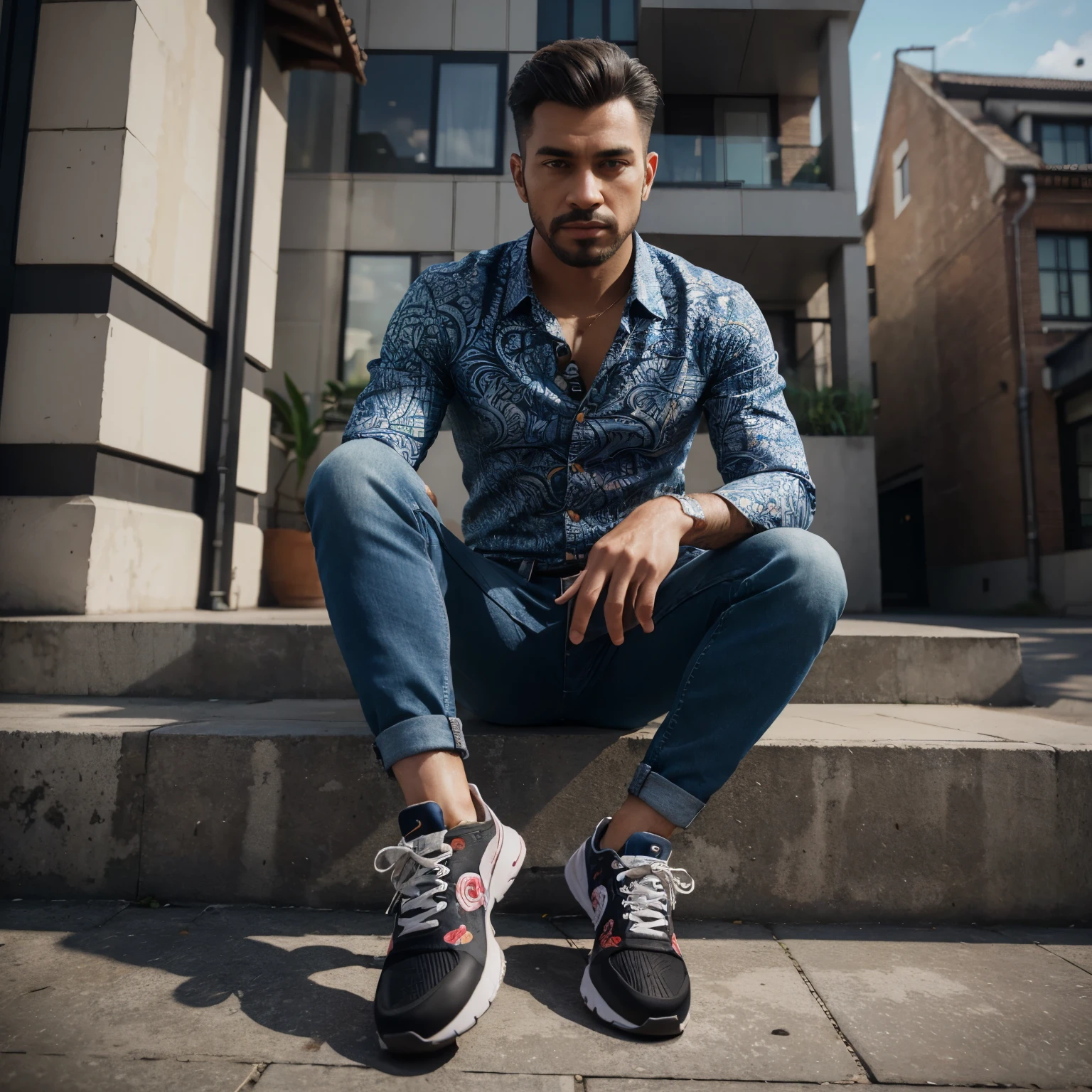 A stunning 3D caricature, a well-dressed man in a unique batik shirt, jeans, and sneakers. The level of detail is hyper-realistic, capturing every fold and texture of thebatik fabric with precision. The background is a modern, urban cityscape with a blend of traditional and contemporary architecture. The overall image is rendered in 8KHD, showcasing the ultra-detailed illustration and the hyper-realistic 3D render., illustration, 3d render