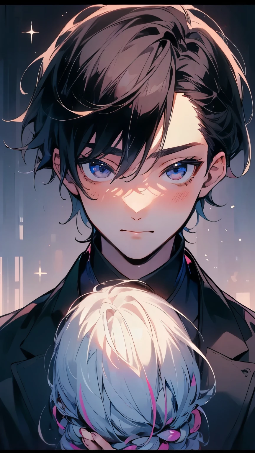 (Mastepiece), (Best Quality), Very detailed, ((Two friendly men:1.5)), Perfect Face, Beautiful Face, Very detailed顔,(Black Haired Man:1.3),(Man with white hair:1.3),suit,shirt