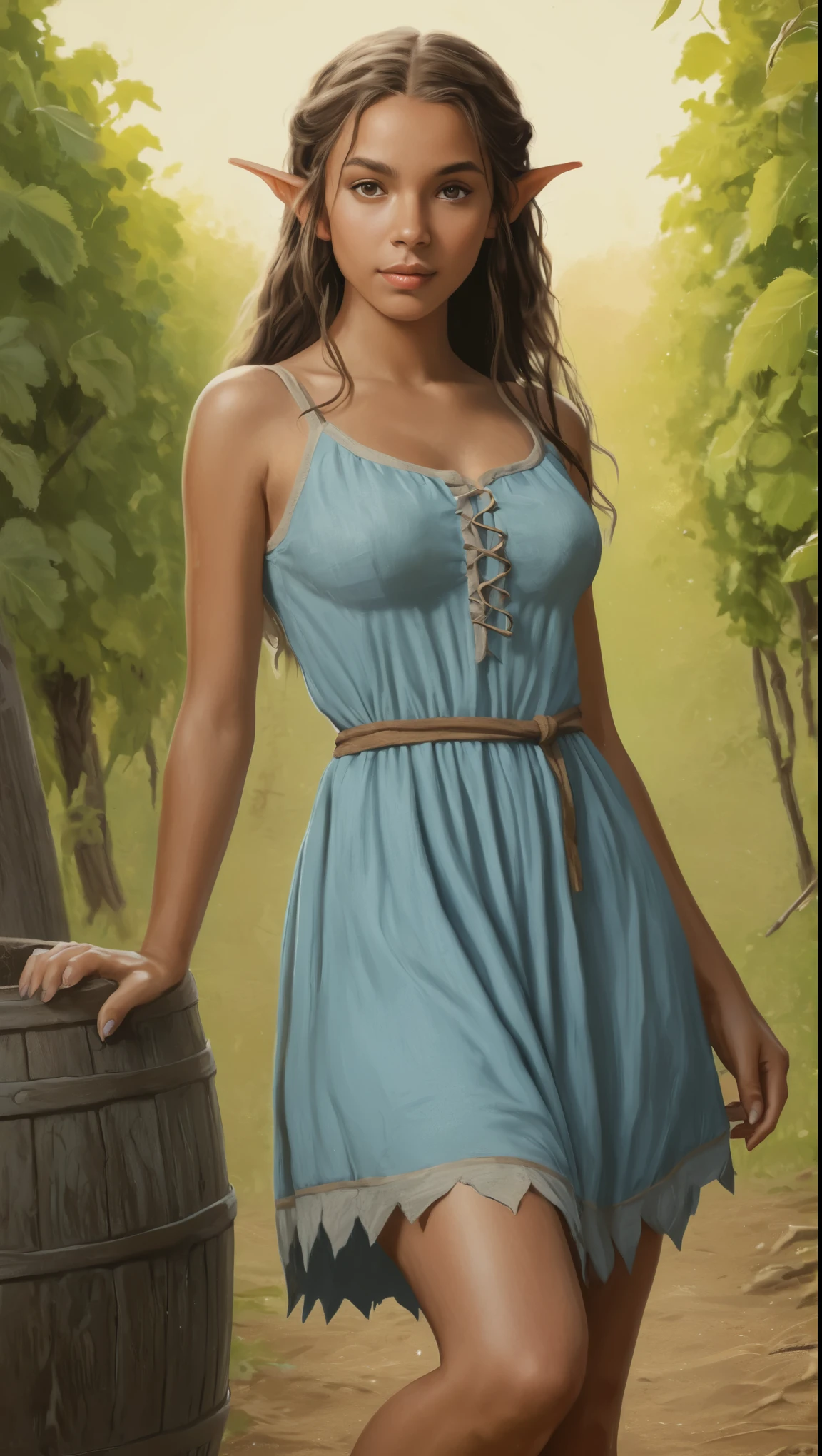 An illustrated movie poster, hand-drawn, full color, a teenage elven girl, wearing a cotton dress, light brown skin, sun-tanned olive complexion, Amazonian body, very tall, athletic, hourglass figure, curvy, generous hips, long legs, ridiculously thick powerful thighs, light blue eyes, long pointy elf ears, ash brown hair, short shaggy bob, posing in a sunny vineyard, wet glistening skin, hard shadows, graphite shading, stencil marks, airbrushed acrylic paint, masterpiece, in the style of Lord of the Rings