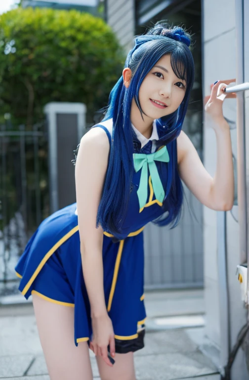 The face is definitely Amamiya Sora，Arabian woman with blue hair and a blue dress posing for a photo, anime girl Cosplay, anime Cosplay, Aqua from Konosuba, Hatsune Miku Cosplay, Cosplay, Cosplay photo, mikudayo, Cosplayer, Real life anime girls, professional Cosplay, Vocaloid, ayaka Cosplay, full-Cosplay, Anime Goddess, Hatsune Miku，Nipples become erect，The position of the nipples is clearly visible through clothing.
