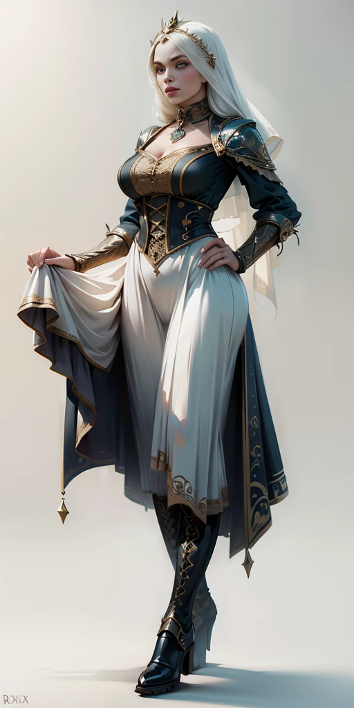 full body of a woman in a dress with a veil, feet together, standing feet together, militar boots, beautiful fantasy maiden slave warrior, beautiful fantasy art portrait, fantasy victorian art, medieval fantasy art, beautiful and elegant queen Roxxane, portrait of queen of light, fantasy portrait art, gothic fantasy art, a beautiful fantasy empress, ((white background)) hands on hips