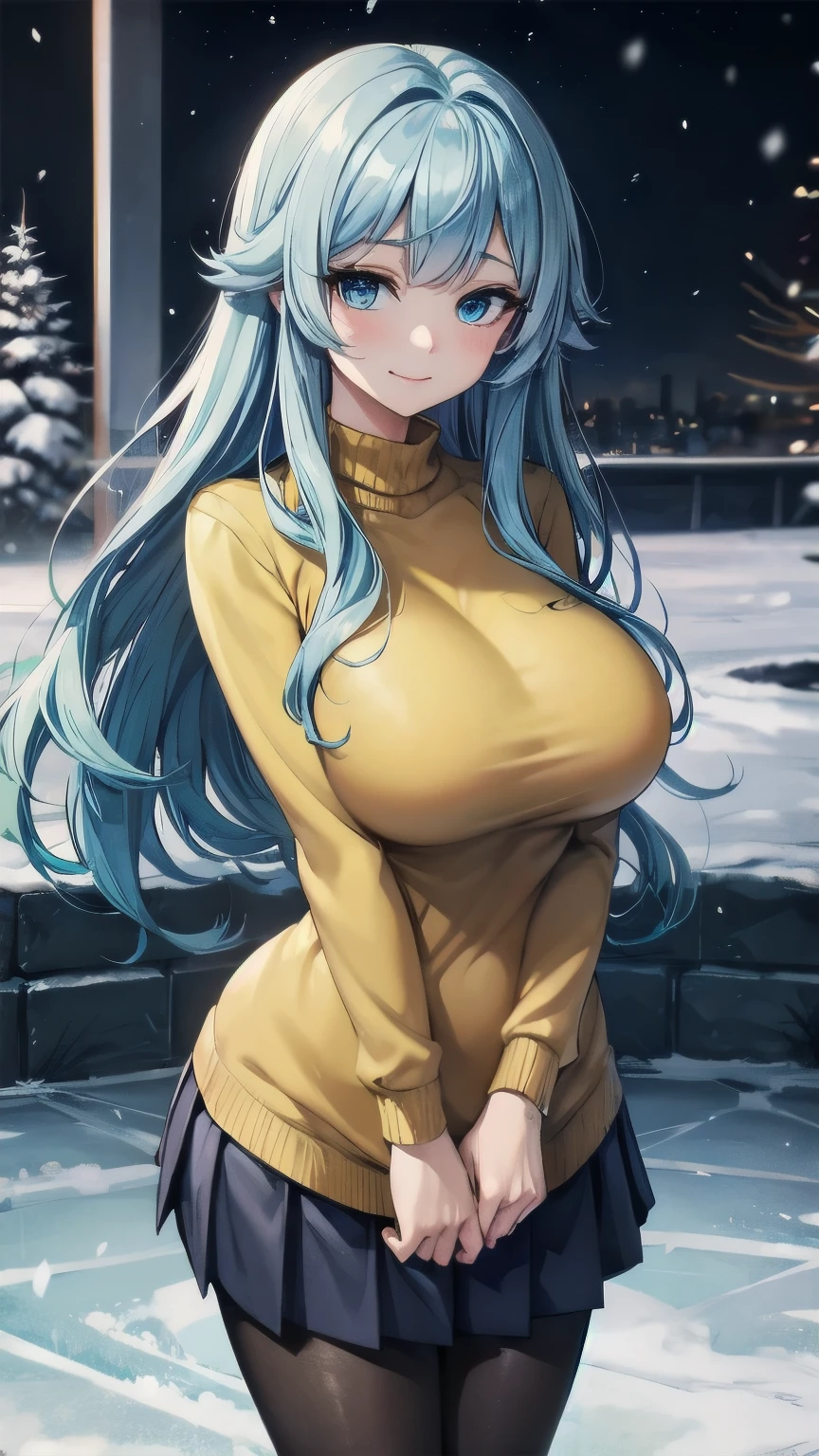 (masterpiece), best quality, emotionless eyes, perfect face, 1girl, solo, huge breasts, sad, blunt bangs, hourglass figure, milf, mother, long hair, wavy hair, (light blue hair BREAK light blue eyes BREAK) lipstick, snow forest, ice, icy floor, cloudy sky, ice skates, standing, yellow sweater BREAK black pantyhose BREAK blue skirt BREAK closed mouth, smile, dancing on ice, 