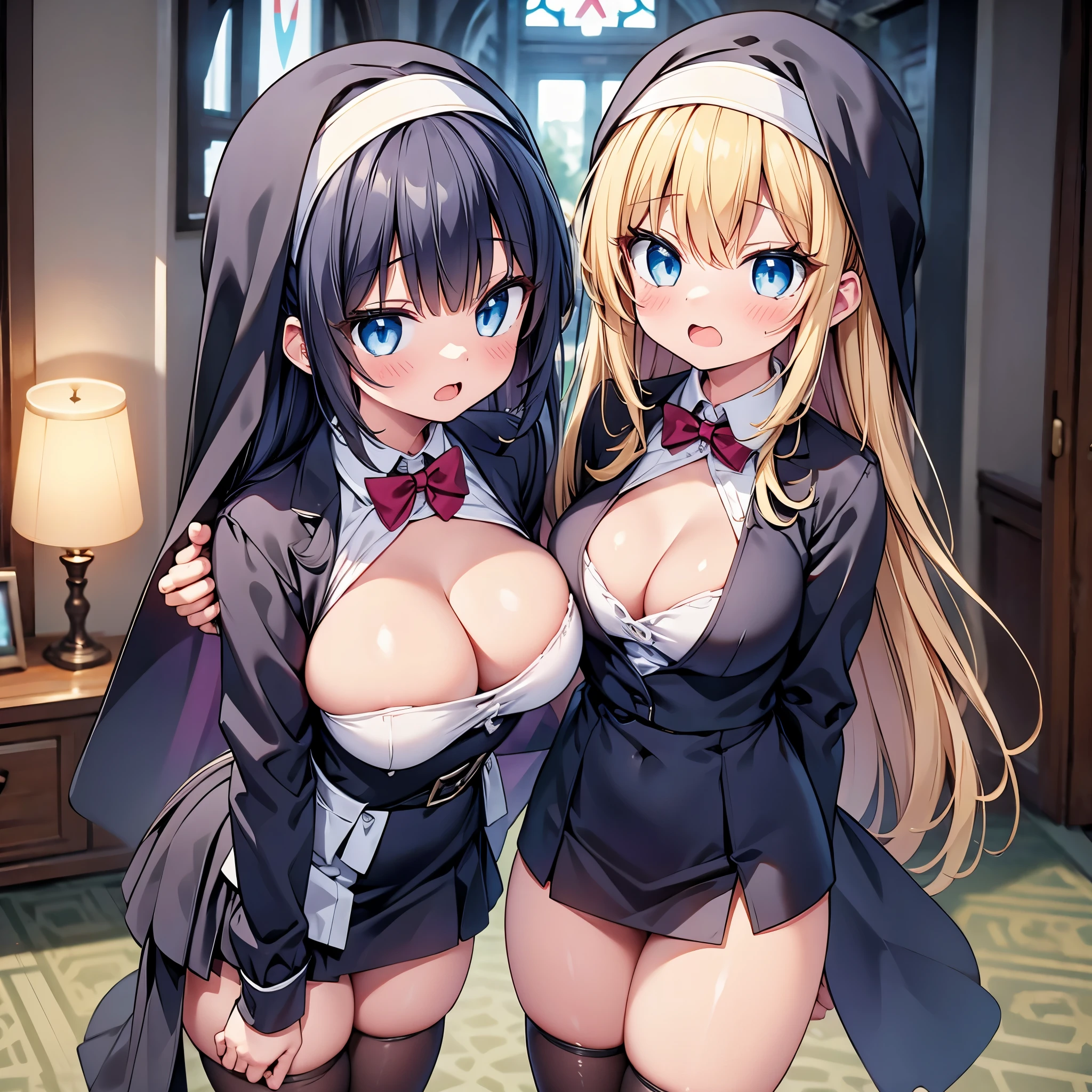 (cute eyes:1.2), (sparkling eyes:1.2), highest quality,wonderful,finely,extremely detailed CG Unity 8K wallpaper, (Stand in line:1.2), (3 girls, clothed), (nun:1.1), (midium breasts), (open mouth:1.1), (long tongue:1.1), (mouth drool:1.1), (black stockings:1.1),(Thighs:1.2)