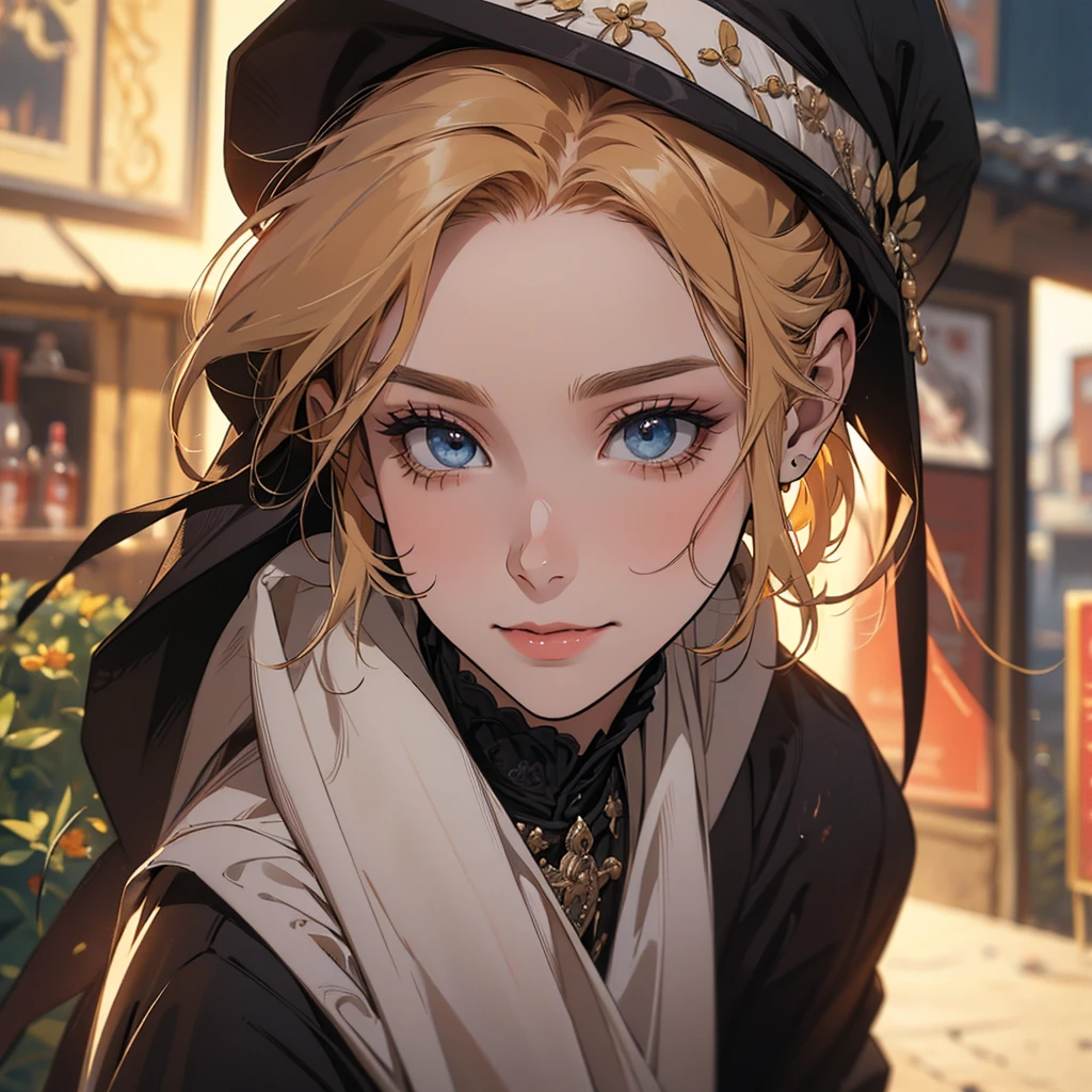 (absurdres, highres, ultra detailed), (cinematic), (UHD), solo, 1man, mature, happy, upper body, blonde short hair, fantasy, spring, garden, closed mouth, (cinematic, best quality, UHD), ((official art)), ((pop art))profile, simple hut, detailed face, (extremely detailed eyes), solo level, ((nobility)), (((prince black attire))), emperor, duke, (((((solo)))))