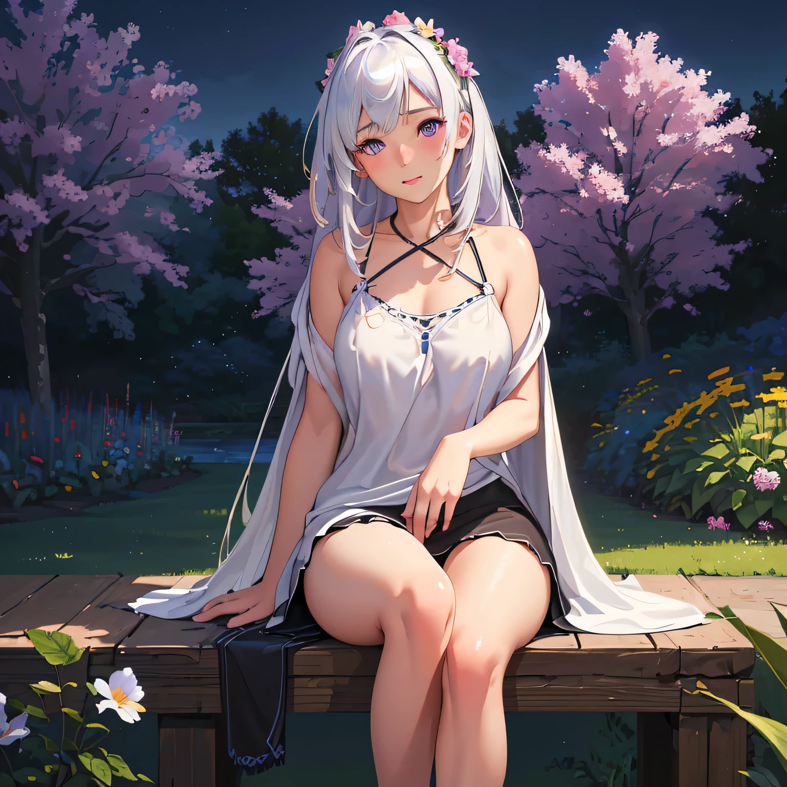 (best quality,4k,8k,highres,masterpiece:1.2),ultra-detailed,(realistic,photorealistic,photo-realistic:1.37),illustration,soft lighting,a girl with white hair,deep purple eyes,glowing eyes,sitting down,barefoot,face blushing,in a garden at night,flowers.