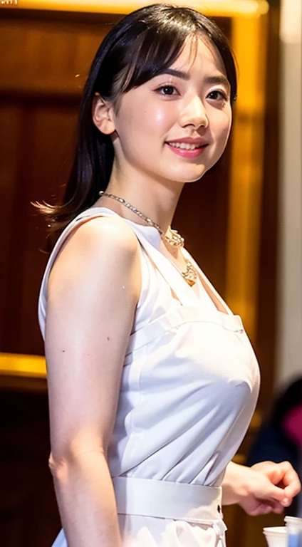 (highest quality,16k,High resolution,masterpiece:1.2),Very detailed,(Realistic,photoRealistic,photo-Realistic:1.37)The most beautiful woman in the world、Beautiful, clear white skin、whole body，18-year-old,Beautifully detailed face,Detail View,Renaissance art,A delicate work of art,1 Japanese female,Adorable smile、Glowing Skin、Glamour body、Black-haired、Short Bob、(Brantbang: 1.2)、Cute face、Realistic Face、Delicate eyes、Ordering sauces、((Full Body Shot))、((Wearing an apron in full nudity))、((Pull Shot))、(Wearing a necklace)、((Front shot))、Looking at the camera、Contrapo、Dynamic Lighting、((Giant tit:1.2))、Beautiful feet、Accentuate your cleavage、 (Full nude Satomi Ishihara)、(((Big, sparkling lips))
