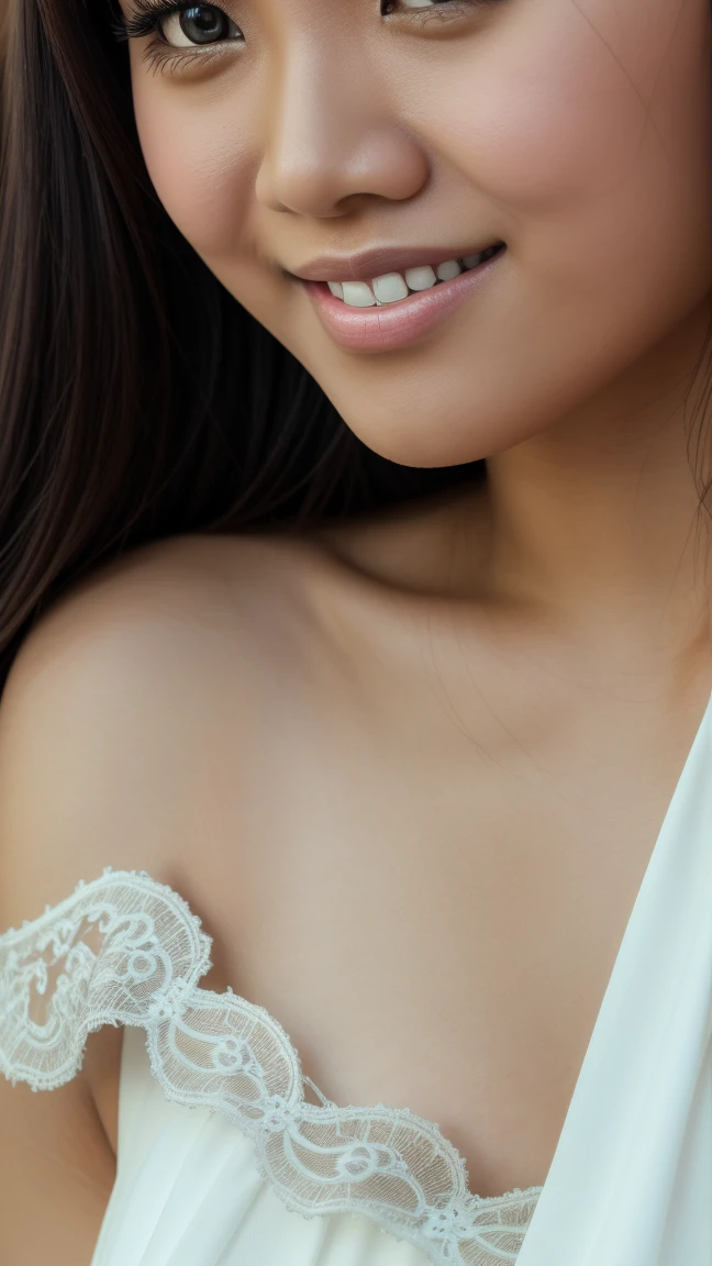 Picture taken with Sony A7RIV, realistic, 8K, Hi-Res picture, masterpiece, perfect side shoot, detailed complicated background, (close up:1.5) Gorgeous twenty years old Indonesian girl, dark hair, busty, hazel eyes, fair, smile, white dress, centered, indoor.