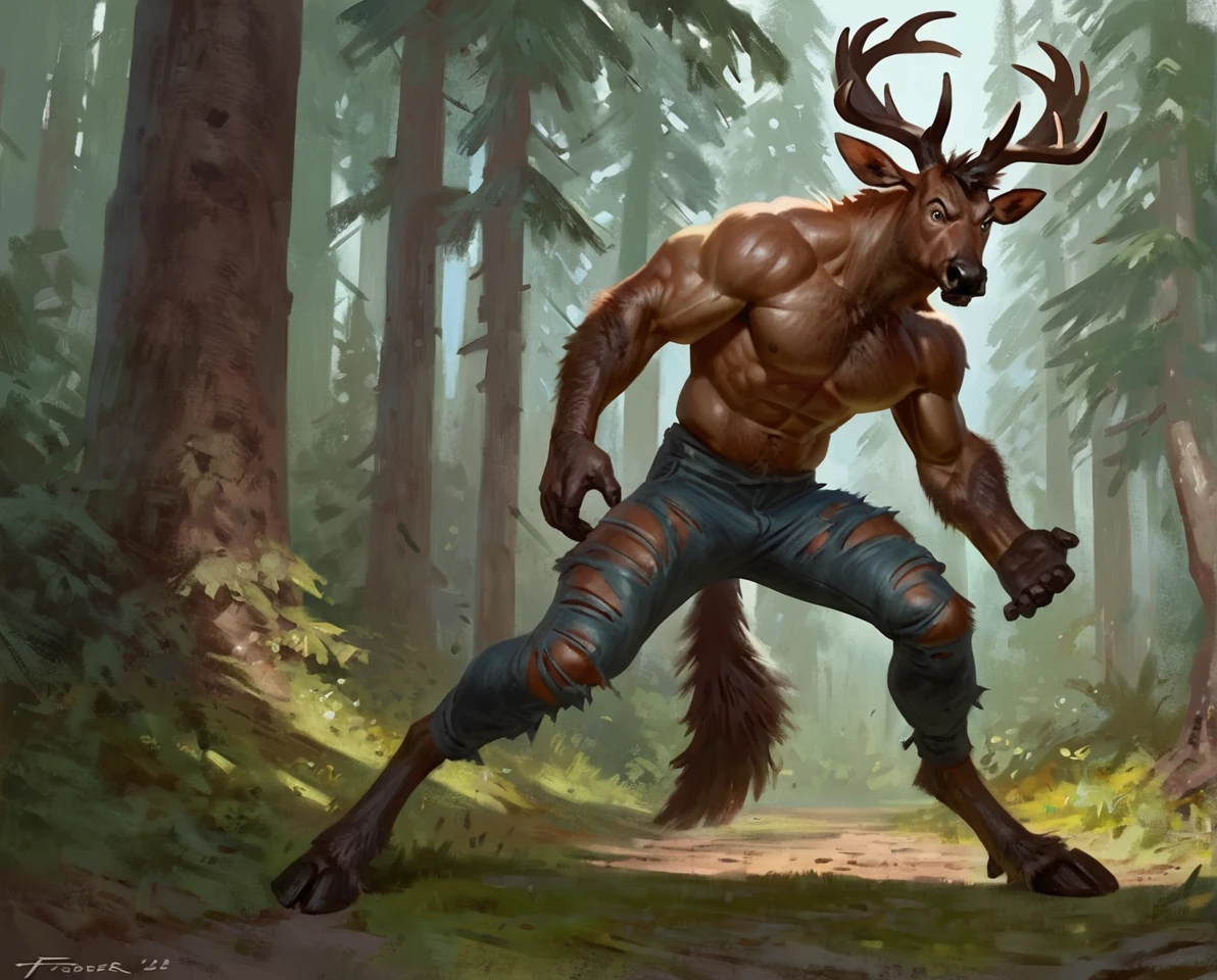 male stag, comic book style, illustration, solo, abs, pecs, concentrated expression, masculine body, masterpiece, best art, full body, digitigrade, by taran fiddler, torn pants, torn shirt, detailed hands, tall, detailed eyes, large tail, detailed torso, forest, angry expression, transformation, yelling, halfway human face, all fours