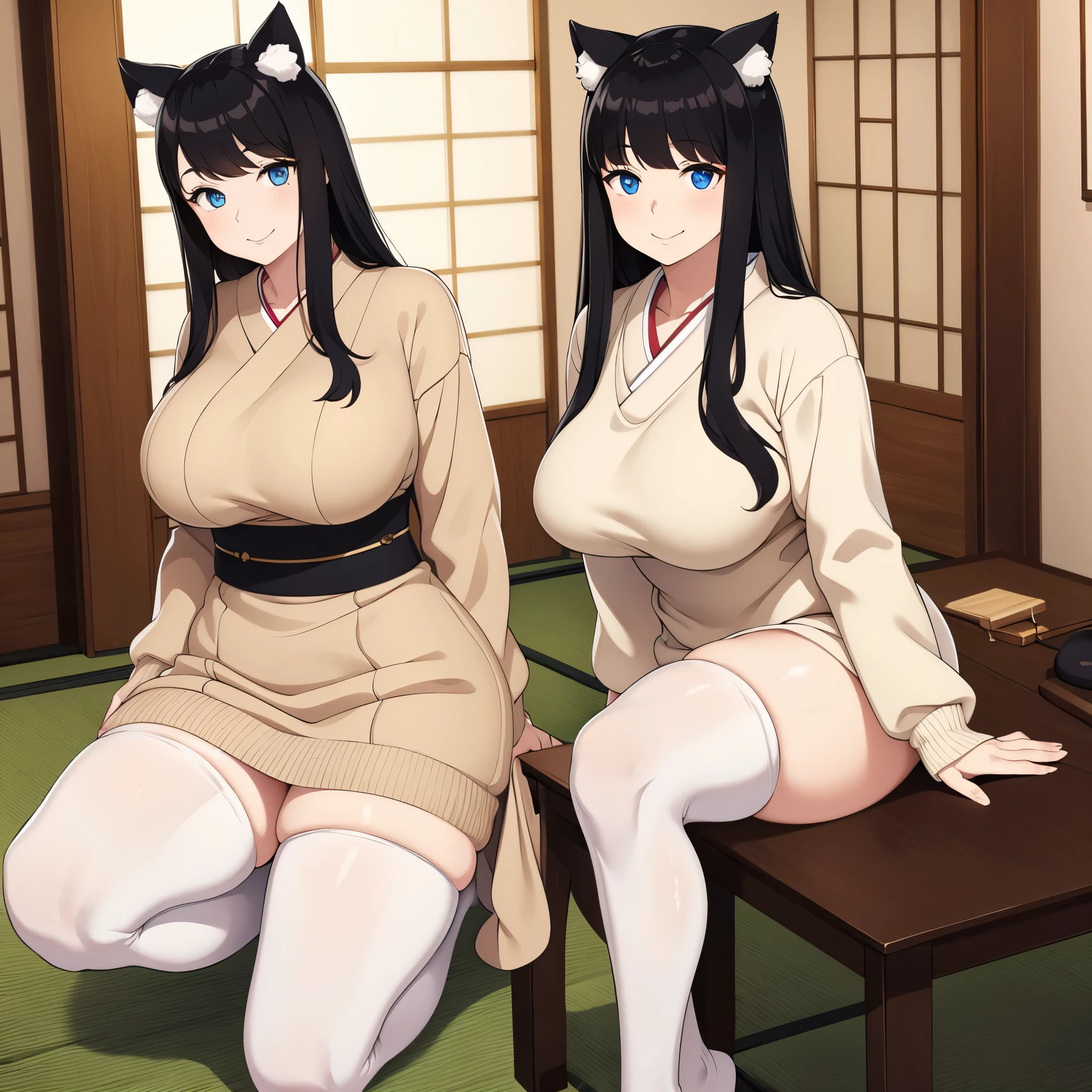 a woman wearing a beige sweater, with exposed thigh, long white stockings, large breasts, long black hair, neko ears, blue eyes, smiling, bangs in her hair, in a modern Japanese covering,(solo woman), HDR, ultra resolution, sharp, masterpiece, 8K HD
