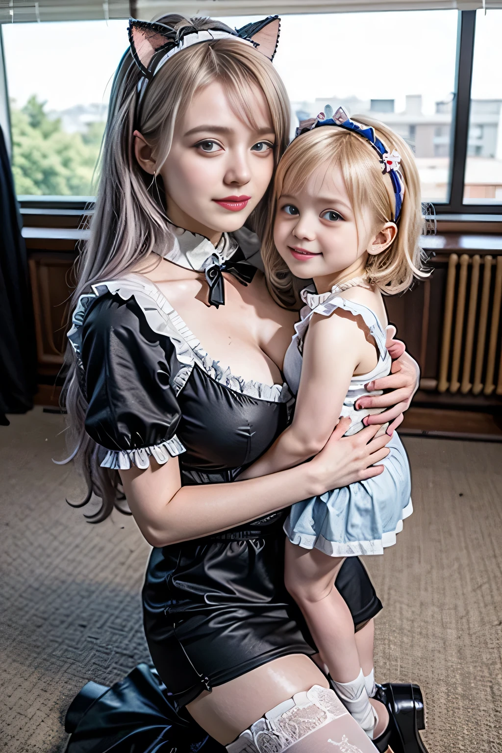 A 20-year-old female maid and a 6-year-old girl, 20-year-old woman wearing traditional maid uniform, The 6-year-old girl is wearing a light blue dress., 6 year old girl wearing ribbon headband, 20 year old woman has big breasts, Beautifully detailed face, A 20-year-old woman has a bun hairstyle, Natural sunlight, A 20-year-old woman is wearing glasses, The two are at a leisure facility., Professional family photos, 6 year old girl laughing, The two are very natural. The 20-year-old woman is 170cm tall., Anatomically correct body, A 6-year-old girl is 100cm tall, 20 year old woman has purple hair, 20 year old woman hugging, Red lipstick, A 20-year-old woman is wearing a black skirt with frills, Chic pumps, 6-year-old girl has twin tails, 20 year old woman in garter belt and white stockings, They are both smiling., A 20-year-old woman is holding a 6-year-old girl in her arms, 20 year old woman has skirt lift, Draw two faces in detail, The 6-year-old girl is wearing a long skirt, The 6--old girl has a very young face., Anatomically correct number of hands, The 6-year-old girl has blonde hair., A 6-year girl rests her cheek against the chest of a 20-year-old woman., Anatomically correct leg shaping, Behind them are a crowd of tourists., 20 year old woman in white panties, The 20-year-old woman is wearing a cat ear headband