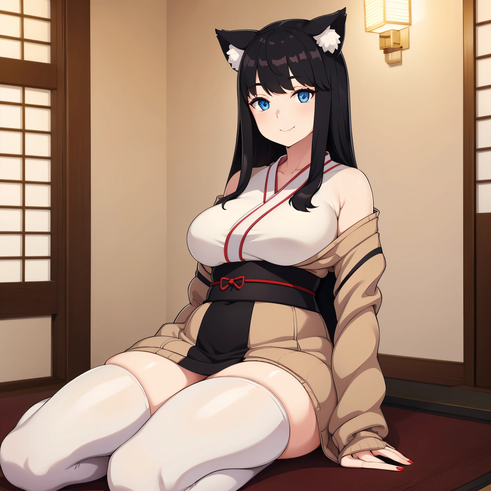 a woman wearing a beige sweater, with exposed thigh, long white stockings, large breasts, long black hair, neko ears, blue eyes, smiling, bangs in her hair, in a modern Japanese covering,(solo woman), HDR, ultra resolution, sharp, masterpiece, 8K HD
