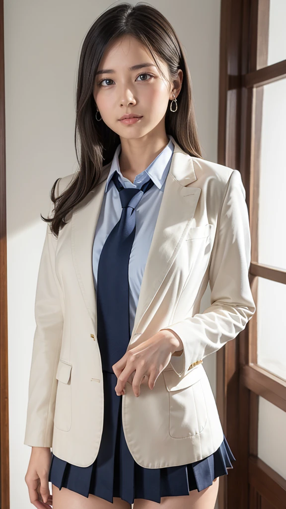 a Japanese girl walking in the school, school, a white wall, a grey table, ((master piece)), ((best quality)), ((intricate detailed)), ((Hyperrealistic)), milf, mature woman, perspective, highly detailed, illustration, ((natural beautiful breasts)), perfect hands, detailed fingers, beautiful detailed eyes, medium long hair, blown eyes, school blazer, school shirt, school dark blue mini skirt, long school necktie, earrings, detailed background, perfect eyes, looking at the viewer, from front, white panties, slender body, 168cm,