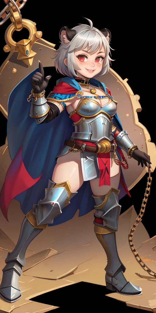Masterpiece, (flat black background:1.2) solo, detailed face, intricate iris, thick lips, robot girl, (gold and white skin), realistic illustration of a (cyborg girl), (RED eyes), IvoryGoldAI, (freckles),(holding BREATHTAKING:1.2), (gold and white armor:1.2), (looking at viewer:1.2), parted lips, standing straight symmetrical, looking at viewer, lustful smirking smile face red blushed red cheeks, thick thighs, thigh highs, thigh, boots, armor, armored boots, full body armor, bikini armor, big breastplate, pauldron, bracers, leather black choker, tiger claws gloves, short bob white haircut, helmeted, metal shoulders, red long loincloth, longest blue cape reach to the waist, shackles and chains wristbands