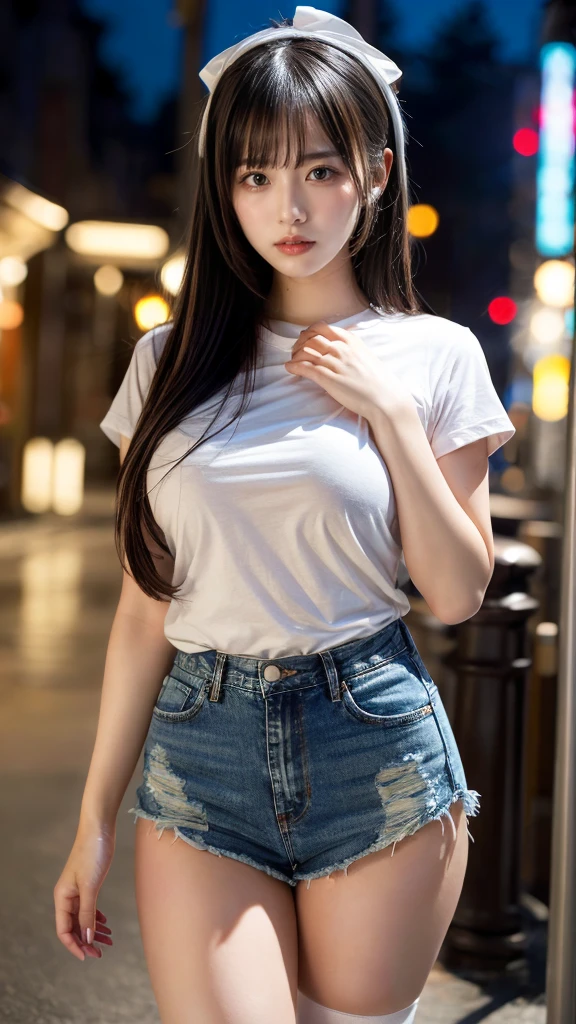 muste piece, best quality, illustration, Super detailed, fine details, High resolution, 8K,wall paper, perfect dynamic composition,(Details High quality, realistic depiction of eyes:1.3), (Fashionable, white t-shirt, a denim miniskirt), (large breasts), black hair color, Big Natural Color Lip, (perfect body shape), crying a little、cold gaze, Harajuku style、20 year old girl、cute type、lolita、beautiful legs, night club, at midnight, Gravure Idol, Voluptuous thighs