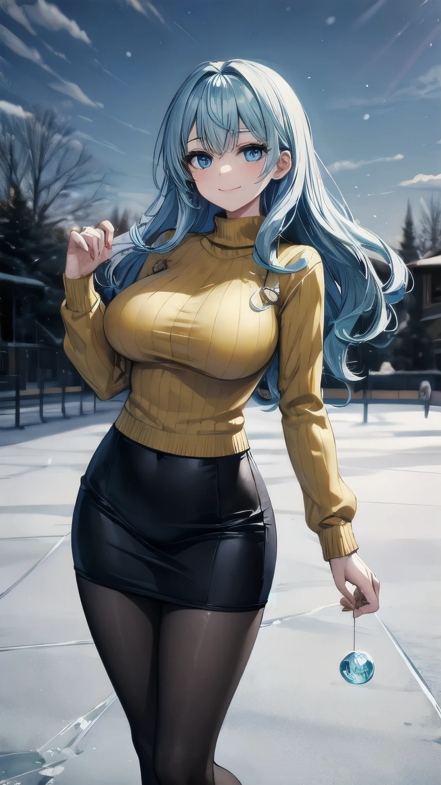 (masterpiece), best quality, emotionless eyes, perfect face, 1girl, solo, huge breasts, sad, blunt bangs, hourglass figure, milf, mother, long hair, wavy hair, (light blue hair BREAK light blue eyes BREAK) lipstick, snow forest, ice, icy floor, cloudy sky, ice skates, standing, yellow sweater BREAK black pantyhose BREAK blue skirt BREAK closed mouth, smile, dancing on ice, 