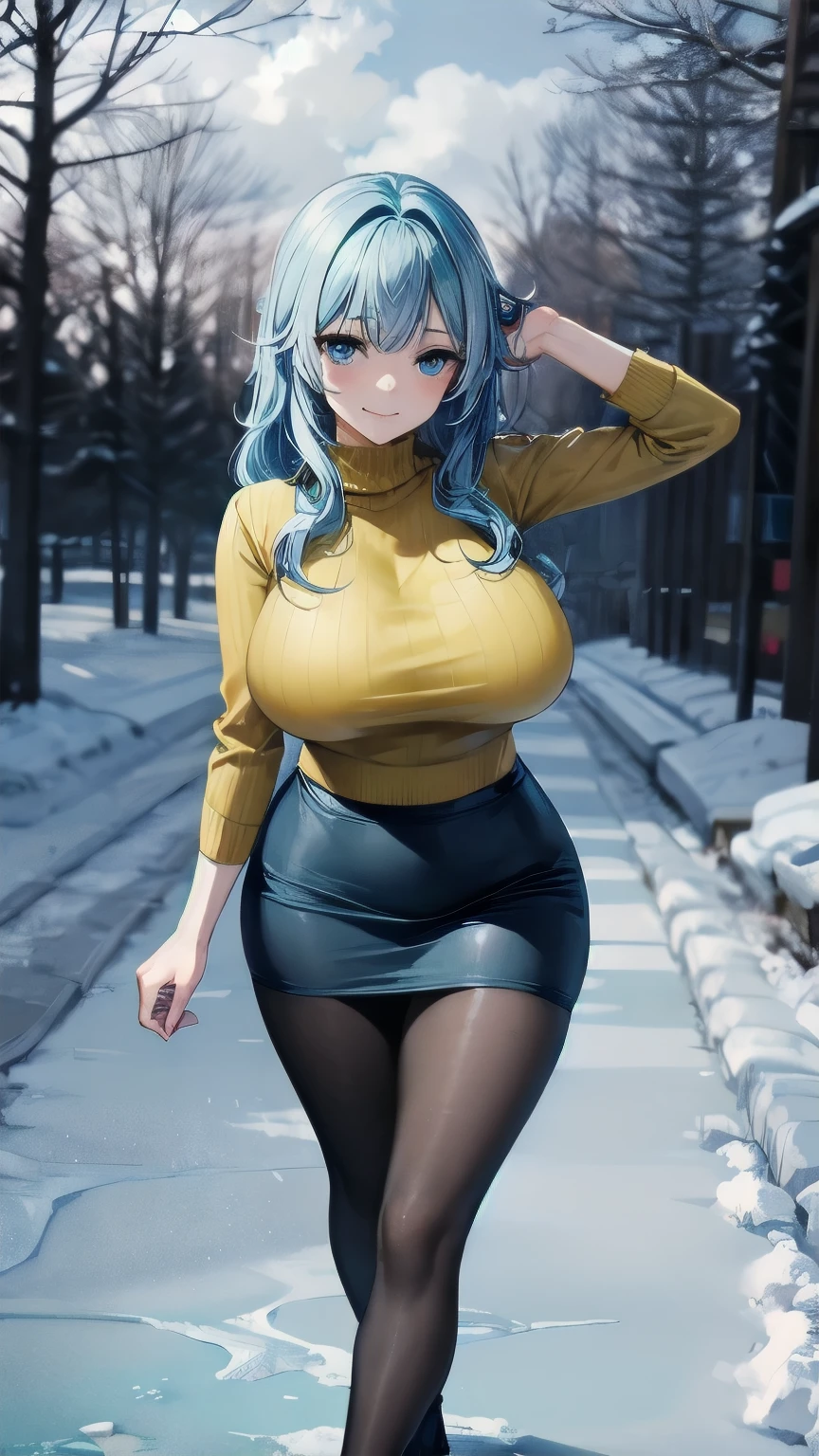 (masterpiece), best quality, emotionless eyes, perfect face, 1girl, solo, huge breasts, sad, blunt bangs, hourglass figure, milf, mother, long hair, wavy hair, (light blue hair BREAK light blue eyes BREAK) lipstick, snow forest, ice, icy floor, cloudy sky, ice skates, standing, yellow sweater BREAK black pantyhose BREAK blue skirt BREAK closed mouth, smile, dancing on ice, 