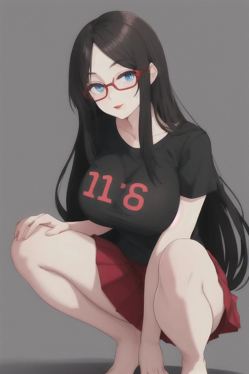 A pretty and elegant girl, 18 years old, long hair to her knees, black hair, light blue eyes, with round glasses, red lips, big tits, with a t-shirt, with a red skirt and black lines, m