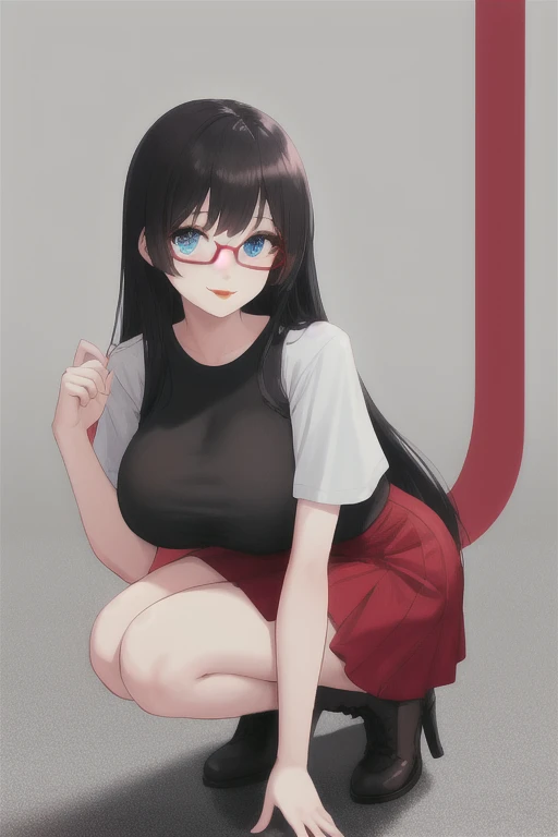 A pretty and elegant girl, 18 years old, long hair to her knees, black hair, light blue eyes, with round glasses, red lips, big tits, with a t-shirt, with a red skirt and black lines, m