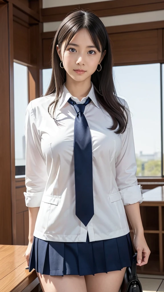 a Japanese girl walking in the school, school, a white wall, a grey table, ((master piece)), ((best quality)), ((intricate detailed)), ((Hyperrealistic)), milf, mature woman, perspective, highly detailed, illustration, ((natural beautiful breasts)), perfect hands, detailed fingers, beautiful detailed eyes, medium long hair, blown eyes, school blazer, school shirt, school dark blue mini skirt, long school necktie, earrings, detailed background, perfect eyes, looking at the viewer, from front, white panties, slender body, 168cm,