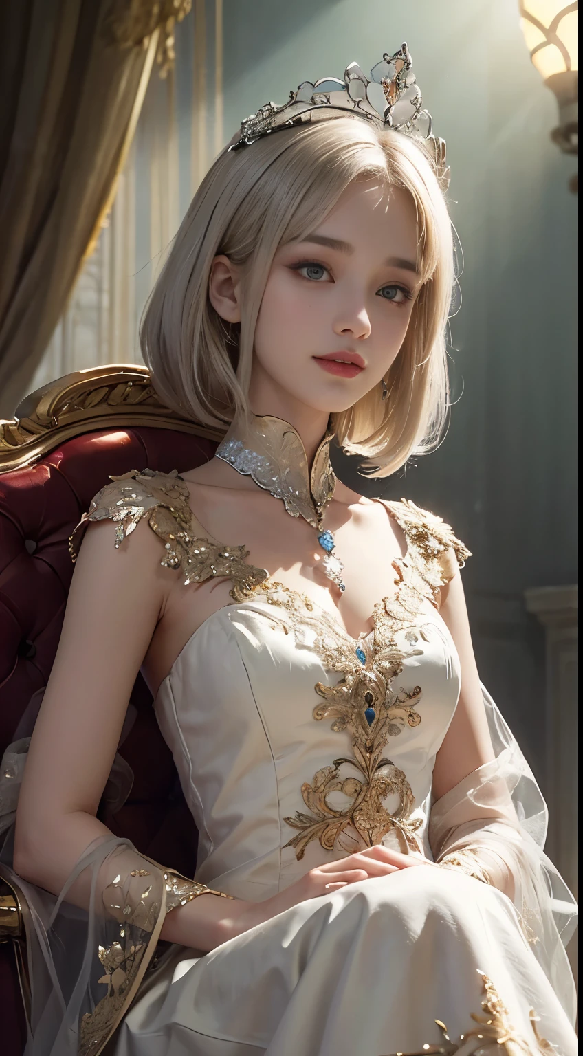 (Masterpiece:1.2), best quality, (illustration:1.2), (ultra-detailed), hyper details, (delicate detailed), (intricate details), (cinematic light, best quality Backlights), clear line, from below, soloist, perfect body, (1girl), white hair and yellow eyes, (emperor, see-through clothes), (crown: 1.1), sitting on the throne, smile, (shy: 1.2 ), (makeup), high contrast, (best illumination, an extremely create and beautiful), (cinematic light), colorful