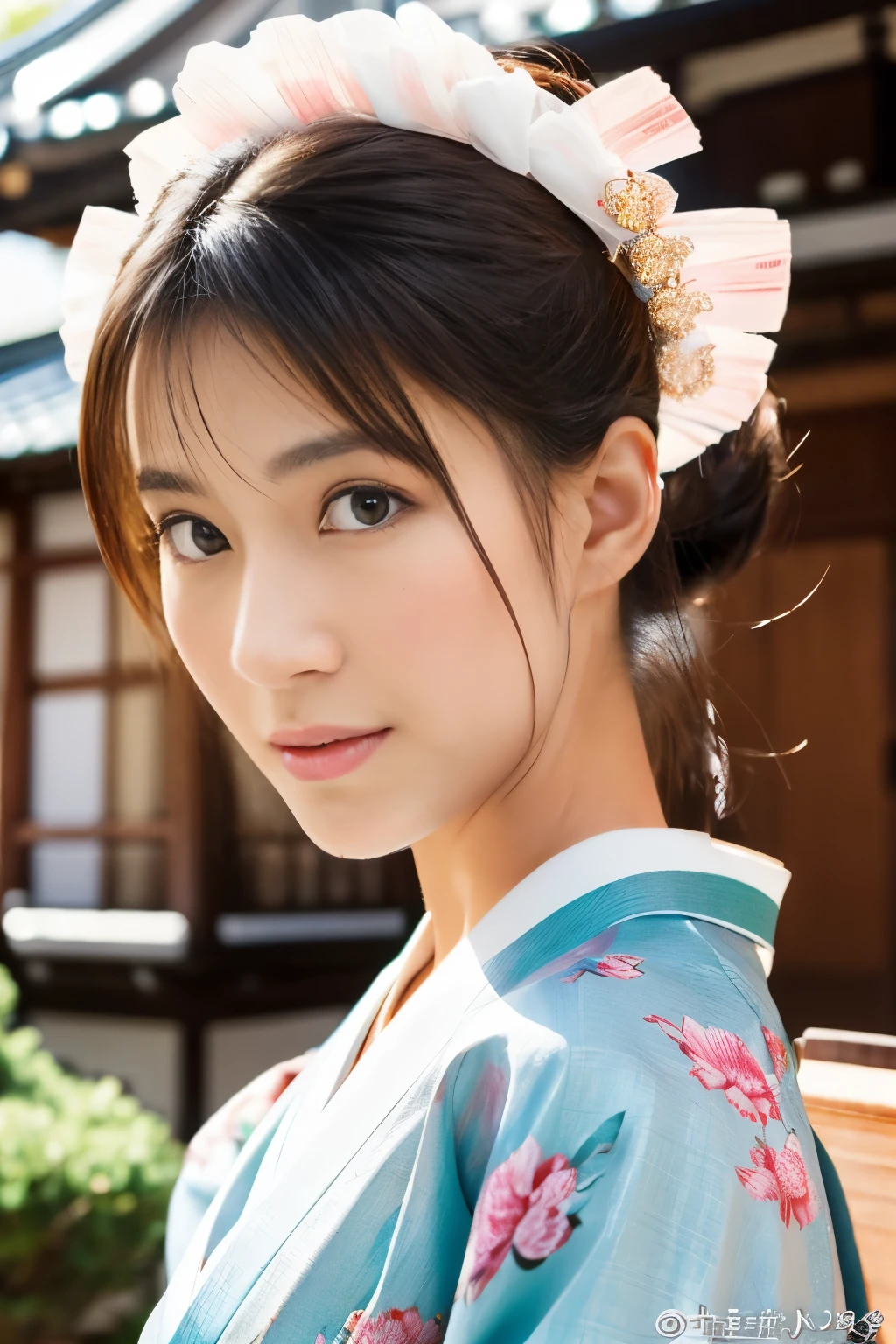 (super highest quality、In 8K、Masseter muscle area、Delicate illustrations)、She is a very beautiful Japanese housewife..(Around 30 years old)、Bun hairstyle(With hair accessory)、Perfect figure、(Japanese luxury kimono 1.1)、Outside the shrine of Japan、