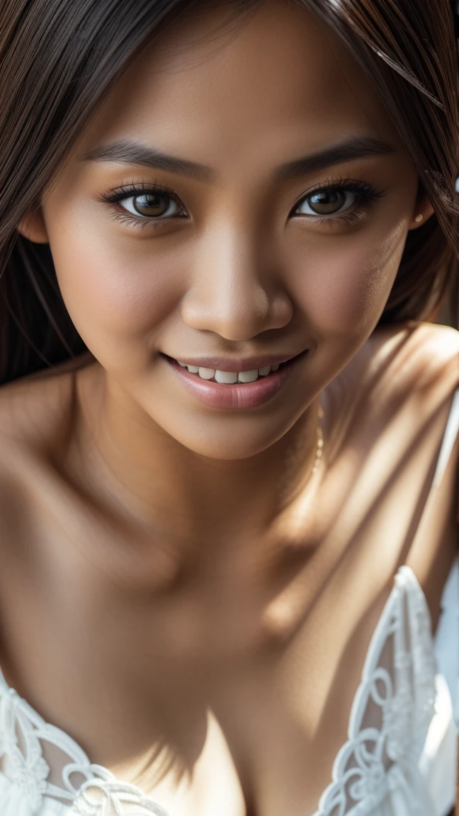 Picture taken with Sony A7RIV, realistic, 8K, Hi-Res picture, masterpiece, perfect above shoot, detailed complicated background, (close up:1.5) Gorgeous twenty years old Indonesian girl, dark hair, busty, hazel eyes, fair, smile, white dress, indoor.