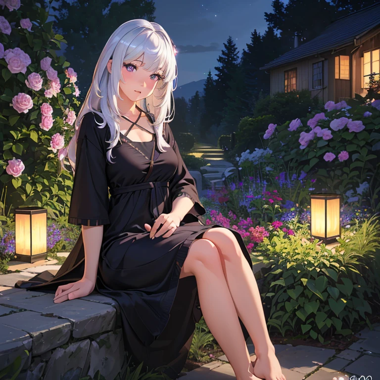 (best quality,4k,8k,highres,masterpiece:1.2),ultra-detailed,(realistic,photorealistic,photo-realistic:1.37),illustration,soft lighting,a girl with white hair,deep purple eyes,glowing eyes,sitting down,barefoot,face blushing,in a garden at night,flowers.